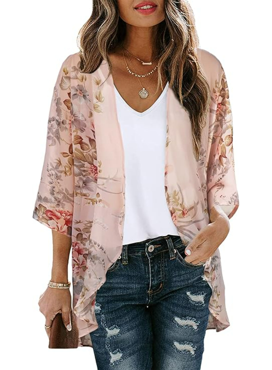 Casual Loose Floral Kimono With Sheer Fabric