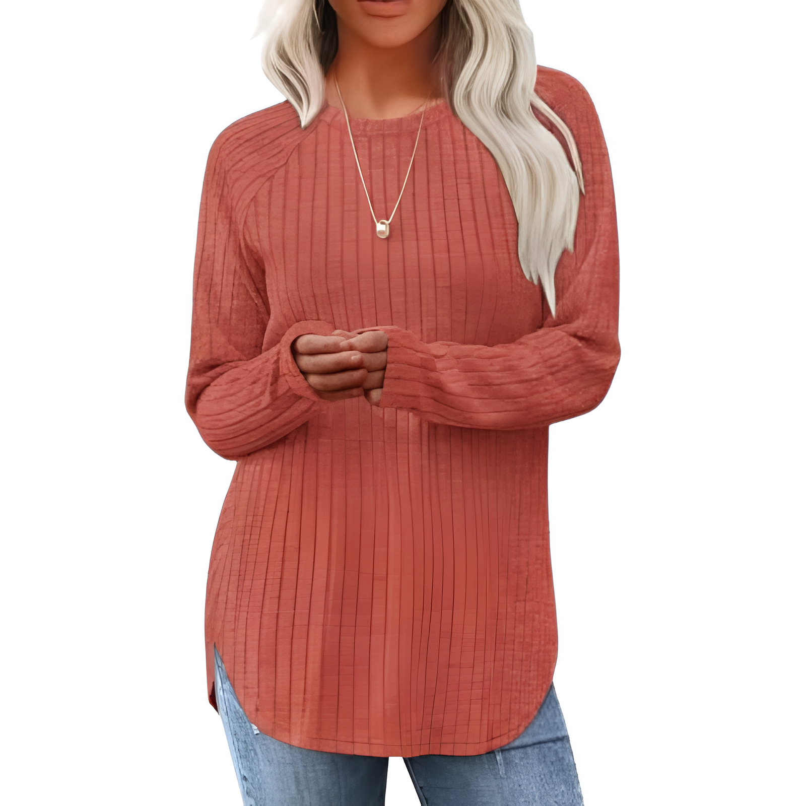 Long Sleeve Tunic Top With Loose Fit And Curved Hem For Women