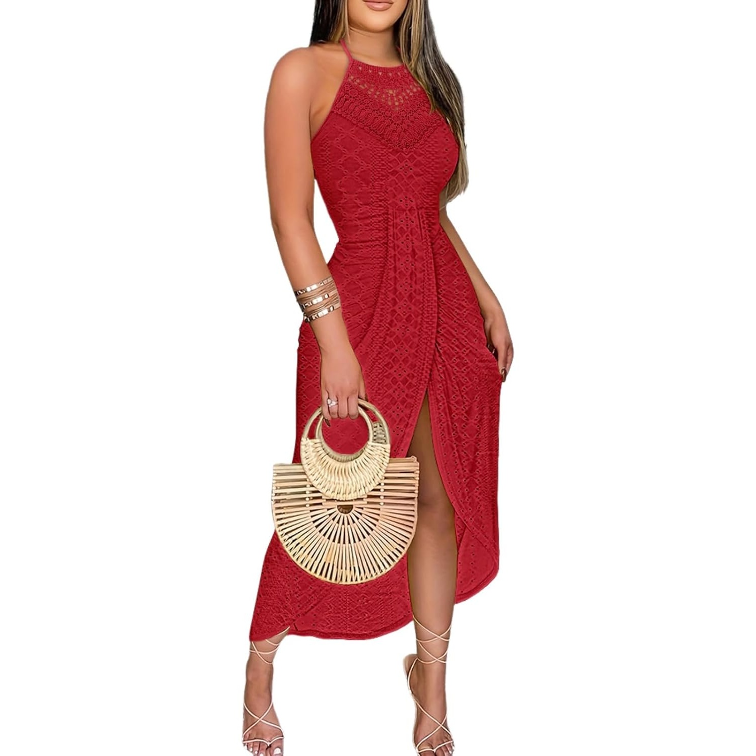 Summer Halter Hollow Out A Line Vacation Dress With Side Slit For Women