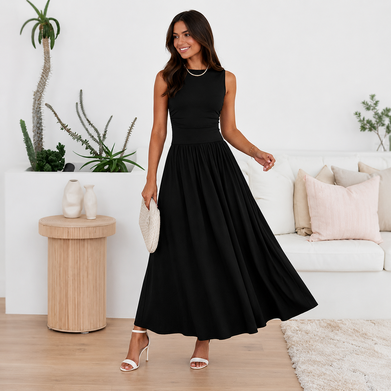 Flowy Sleeveless Maxi Sundress With Ruched Detail For Women