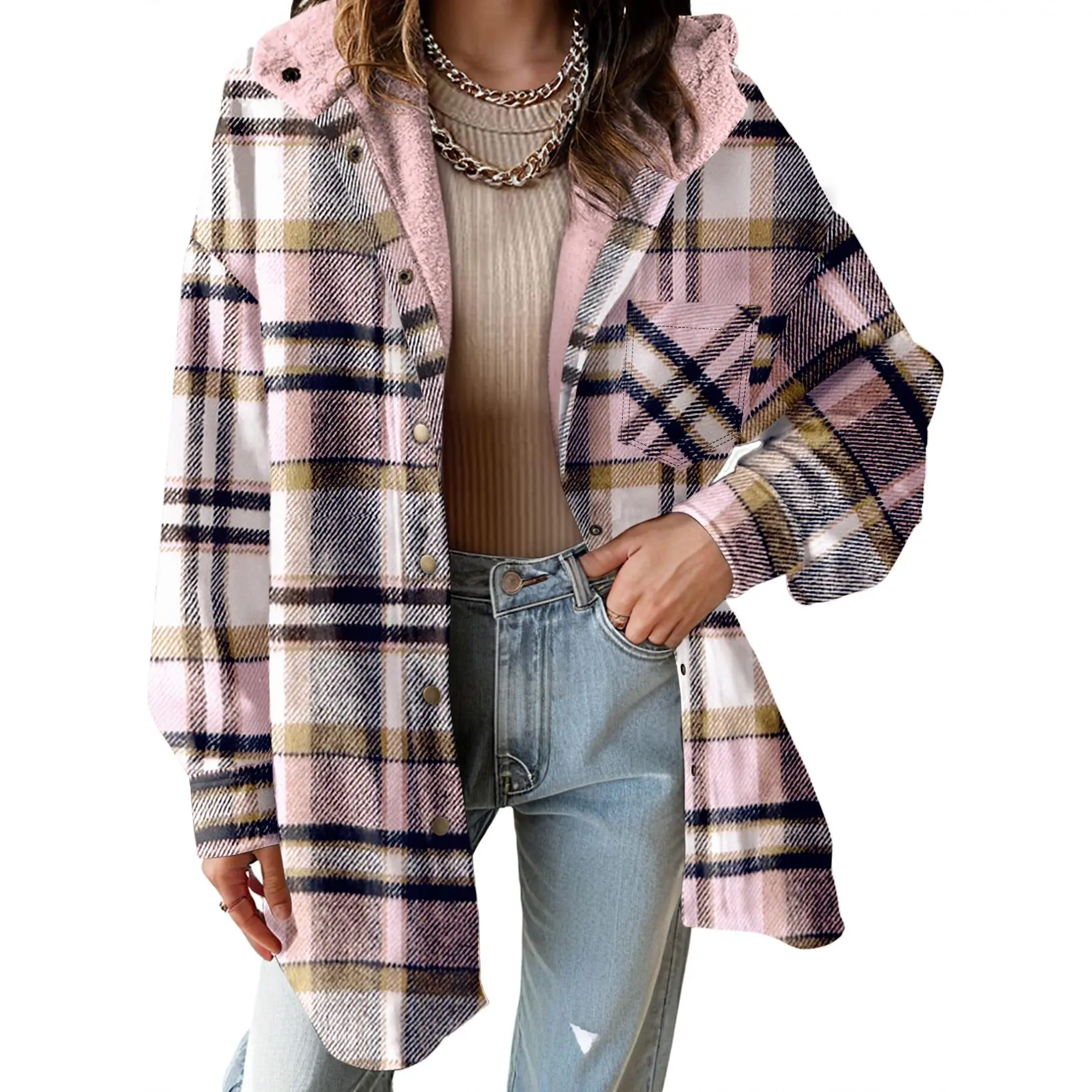Casual Button Down Plaid Fleece Jacket With Hood For Women