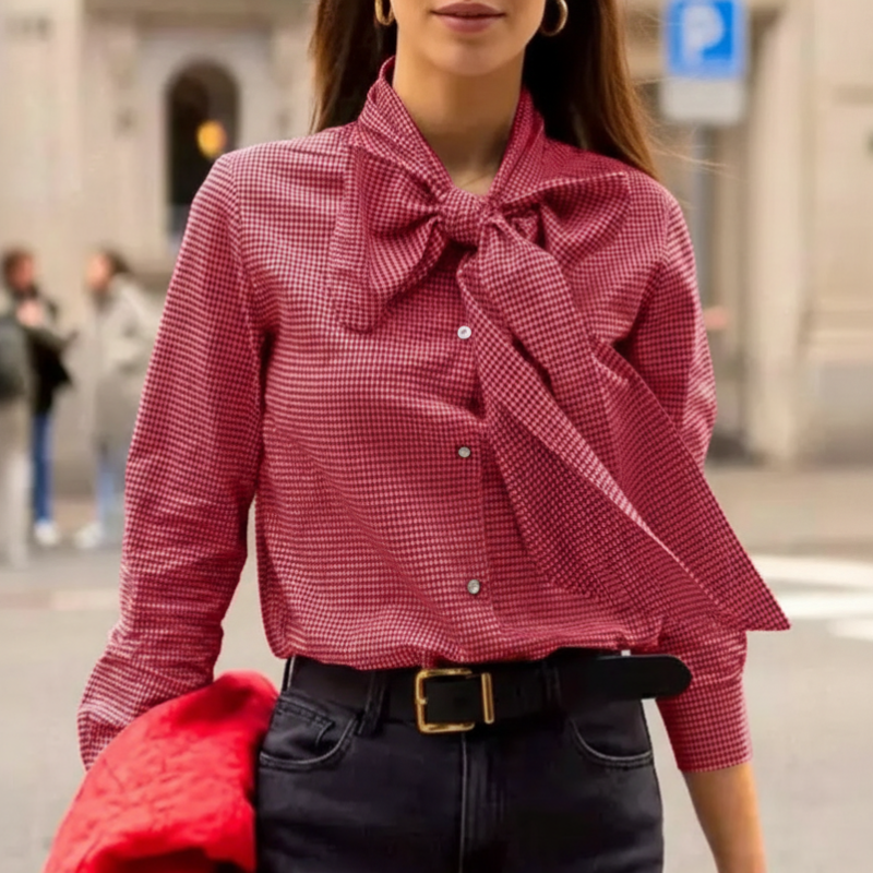 Button Down Long Sleeve Plaid Design Shirt With Bow Tie For Women-My Comfy Blouse