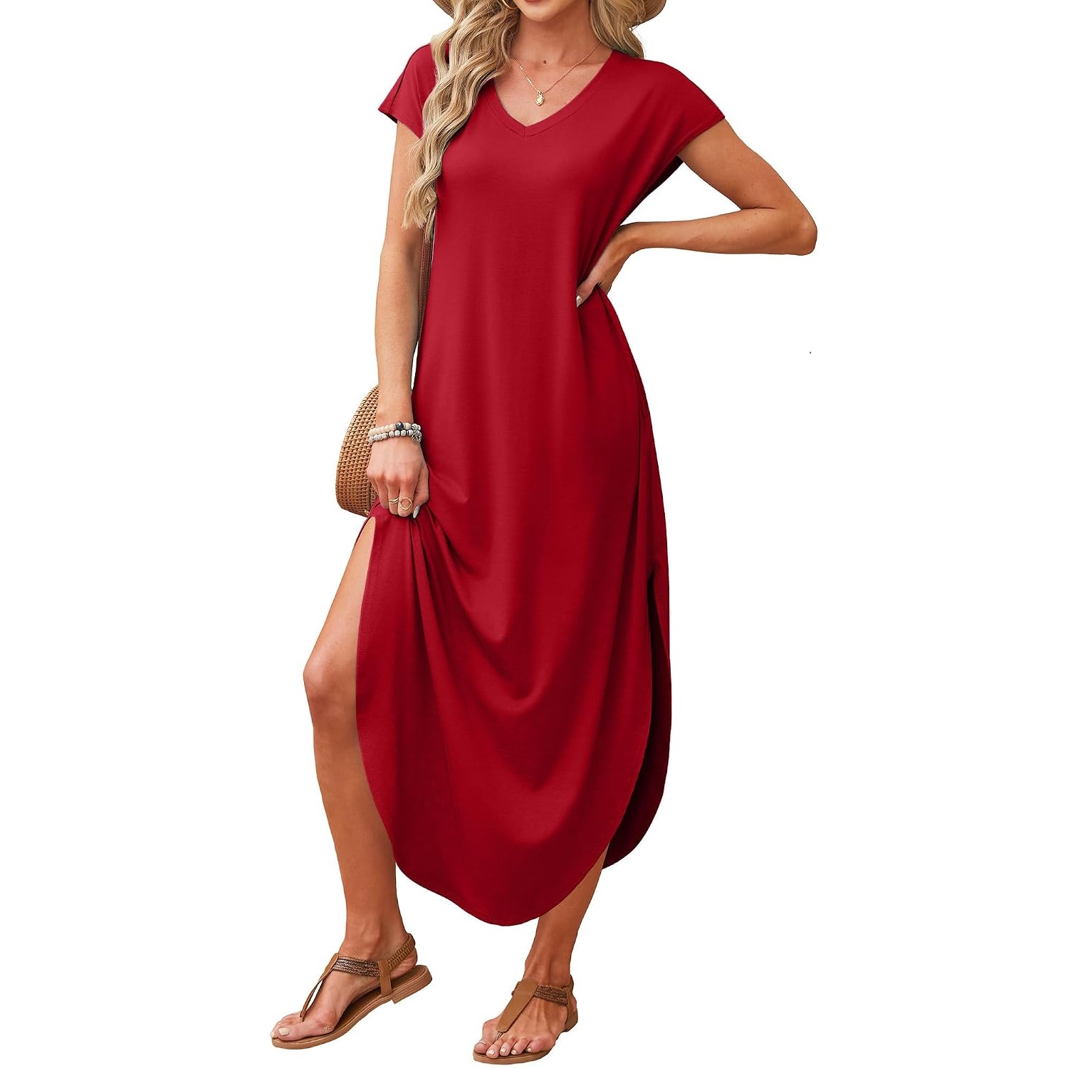 Summer Sundress Cap Sleeve ,Maxi Dress With Pockets For Women