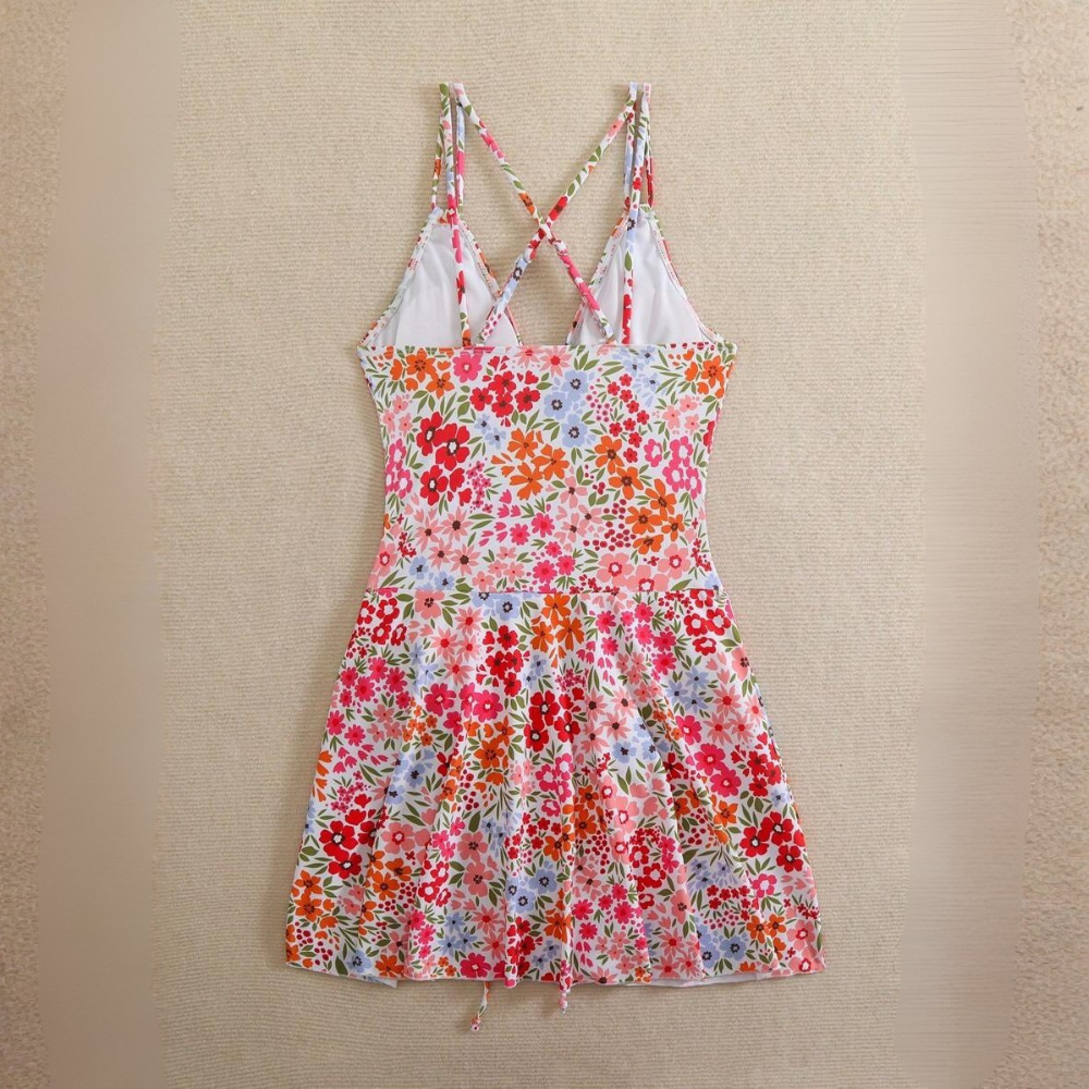 Women's Summer Beach Floral Print Drawstring Criss-Cross V-Neck Ruffle Skort Swimsuit Cover Up