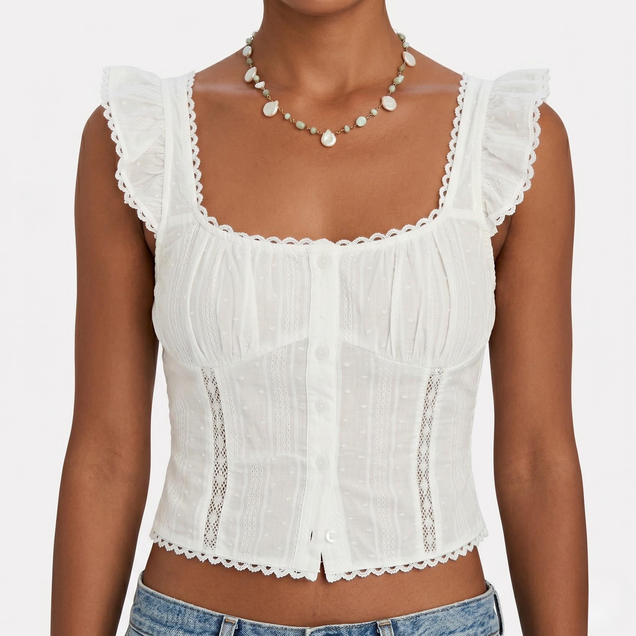 Textured Patchwork Lace Trim Summer Tank Top For Women