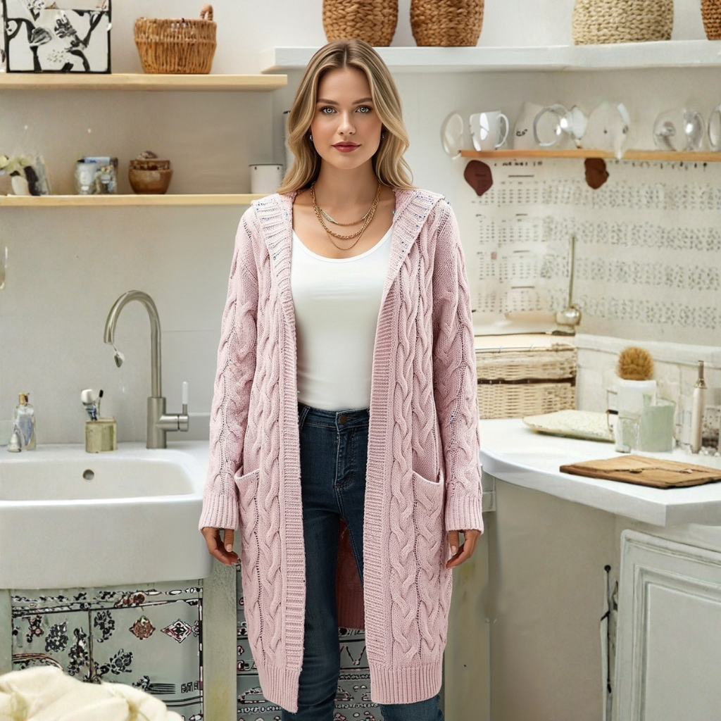 Long Knit Cardigan With Open Front And Pocket Design For Women