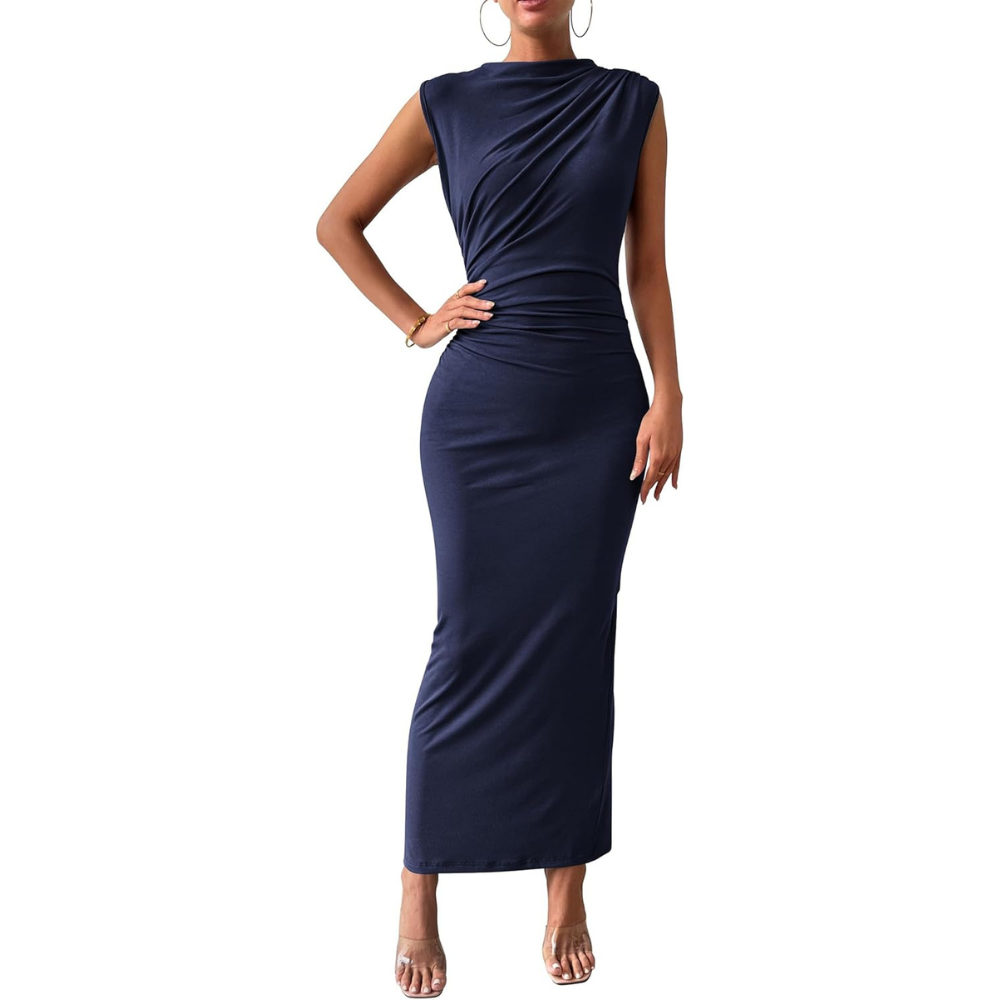 Ruched Sleeveless Bodycon Maxi Dress for Wedding Guests