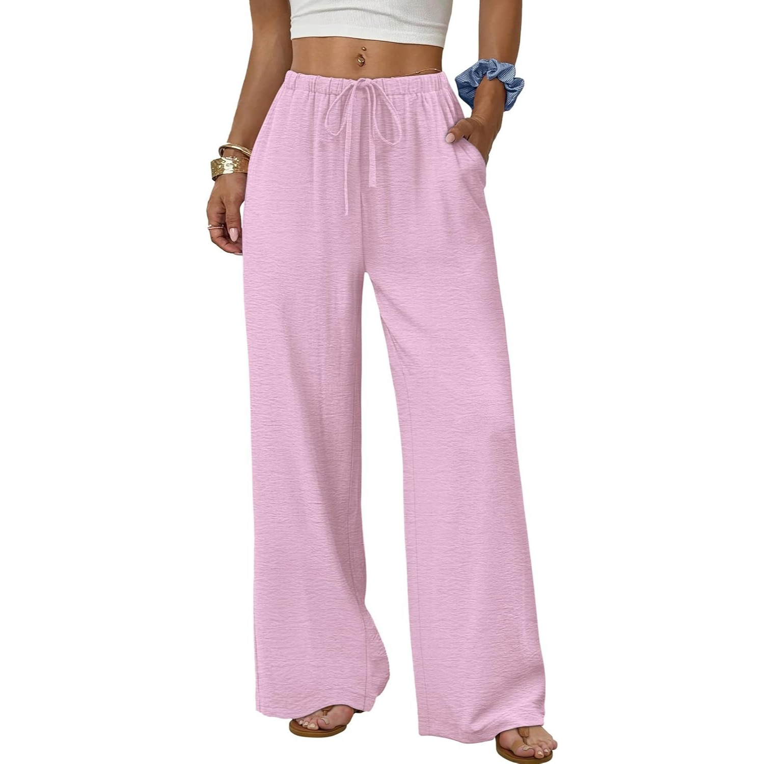 Wide Pants for Women Flowy Palazzo Drawstring Elastic Trousers with Pockets Summer Beach Vacation Clothes