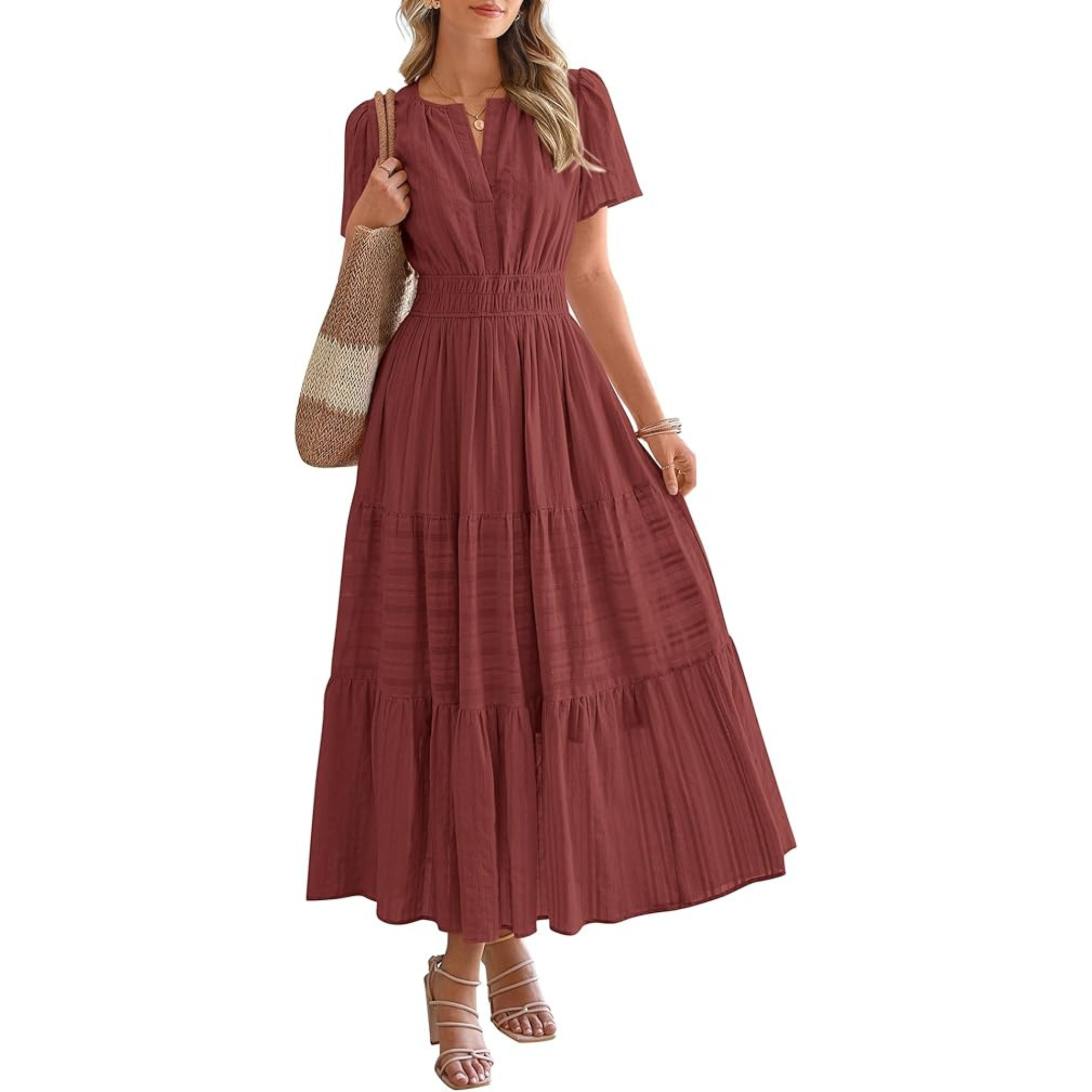 Womens Summer 2026 Casual Midi Maxi Dresses Lightweight Short Sleeve V Neck Elastic Waist Boho Beach Dress Pockets