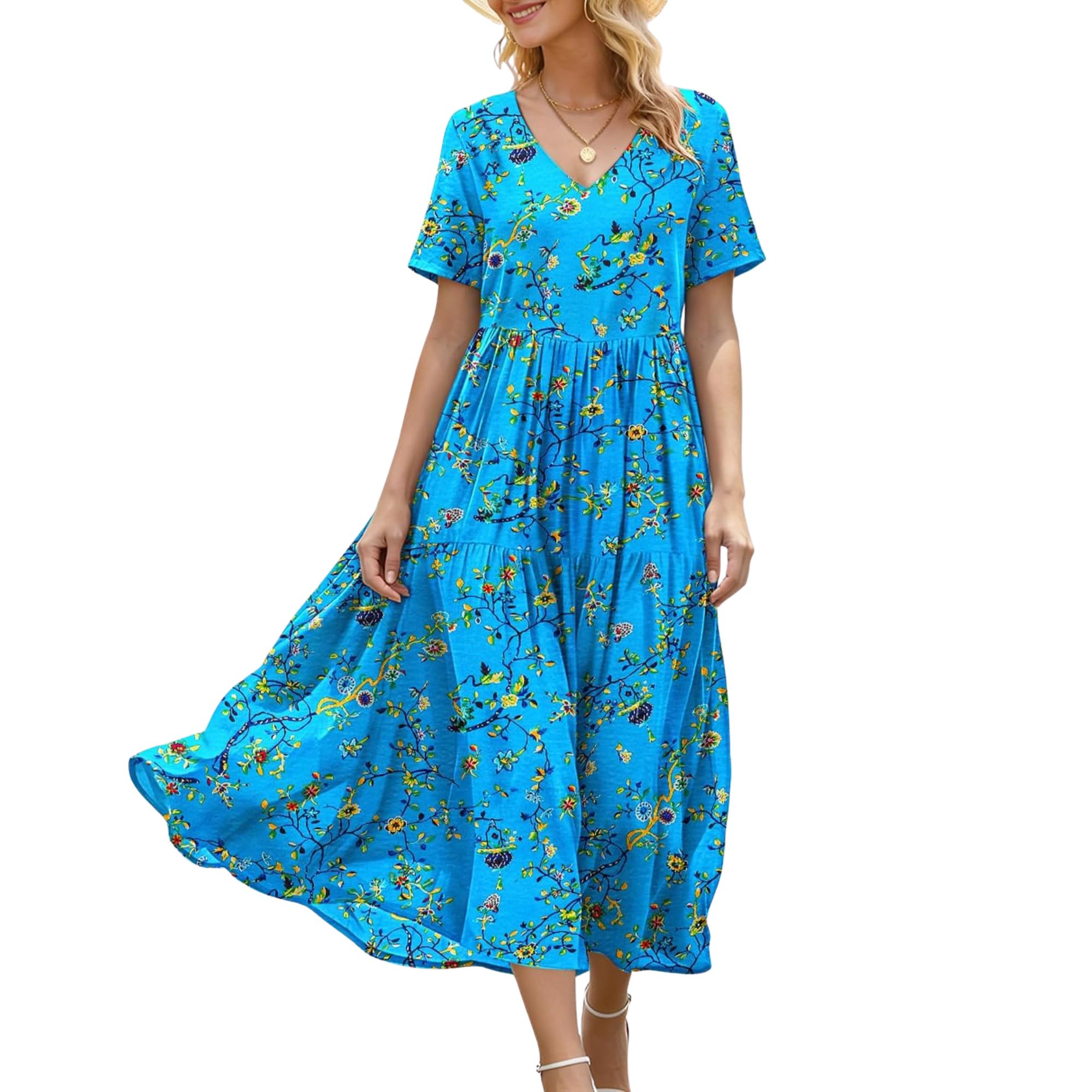 Floral V Neck Boho Maxi Swing Dress with Pockets