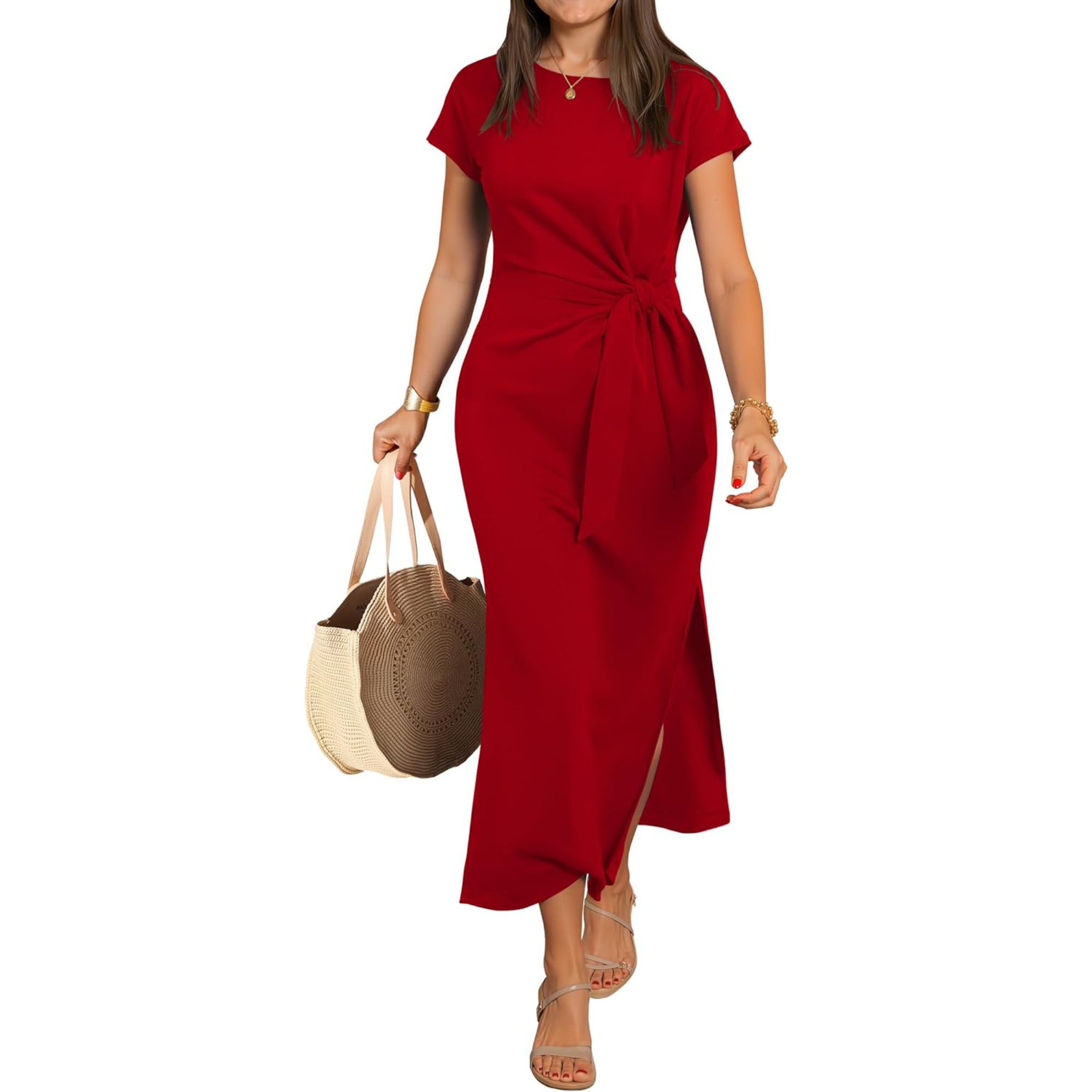 Women Summer Long Dress with Tie Waist and Side Split