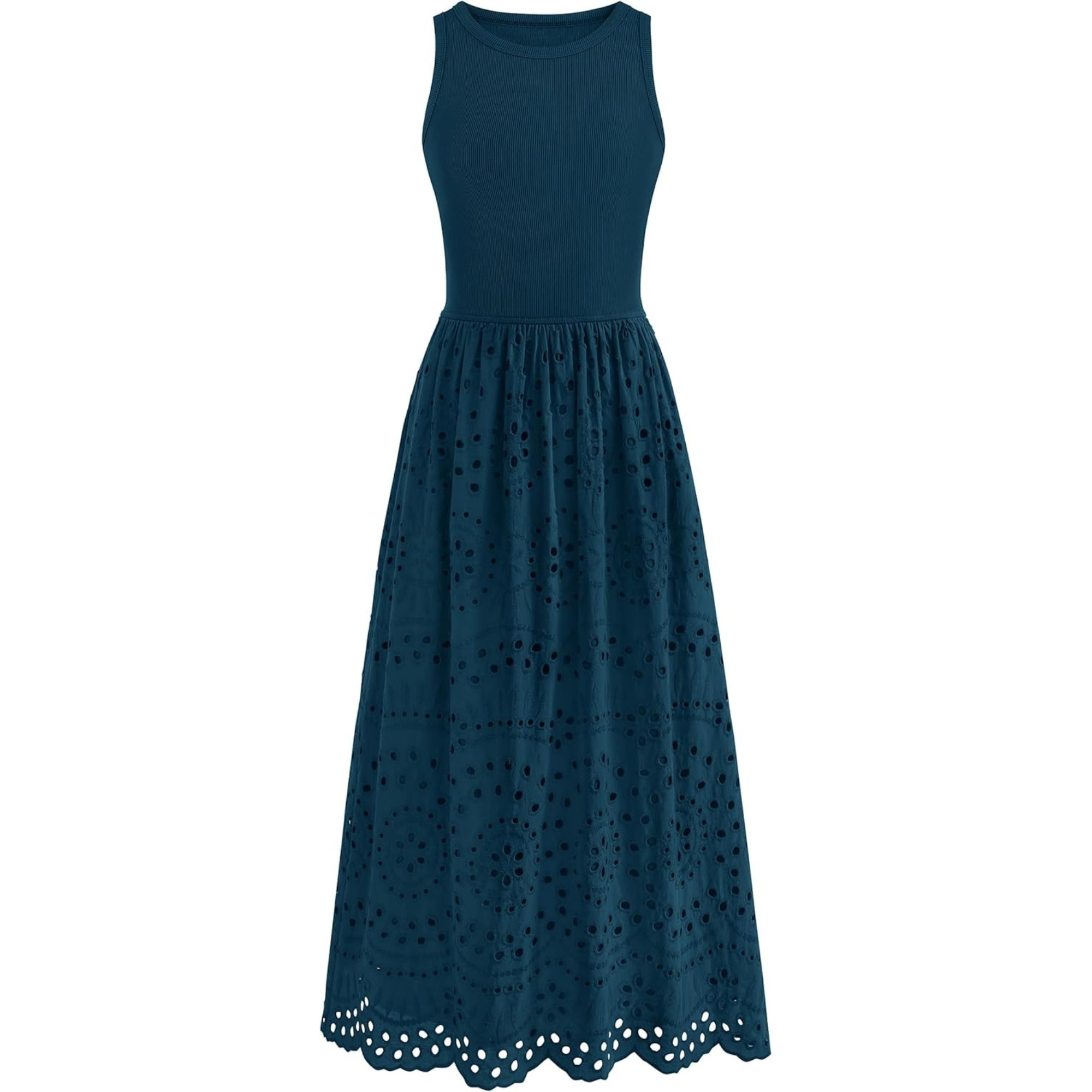 Sleeveless Eyelet Cotton Tank Maxi Dress with Pockets