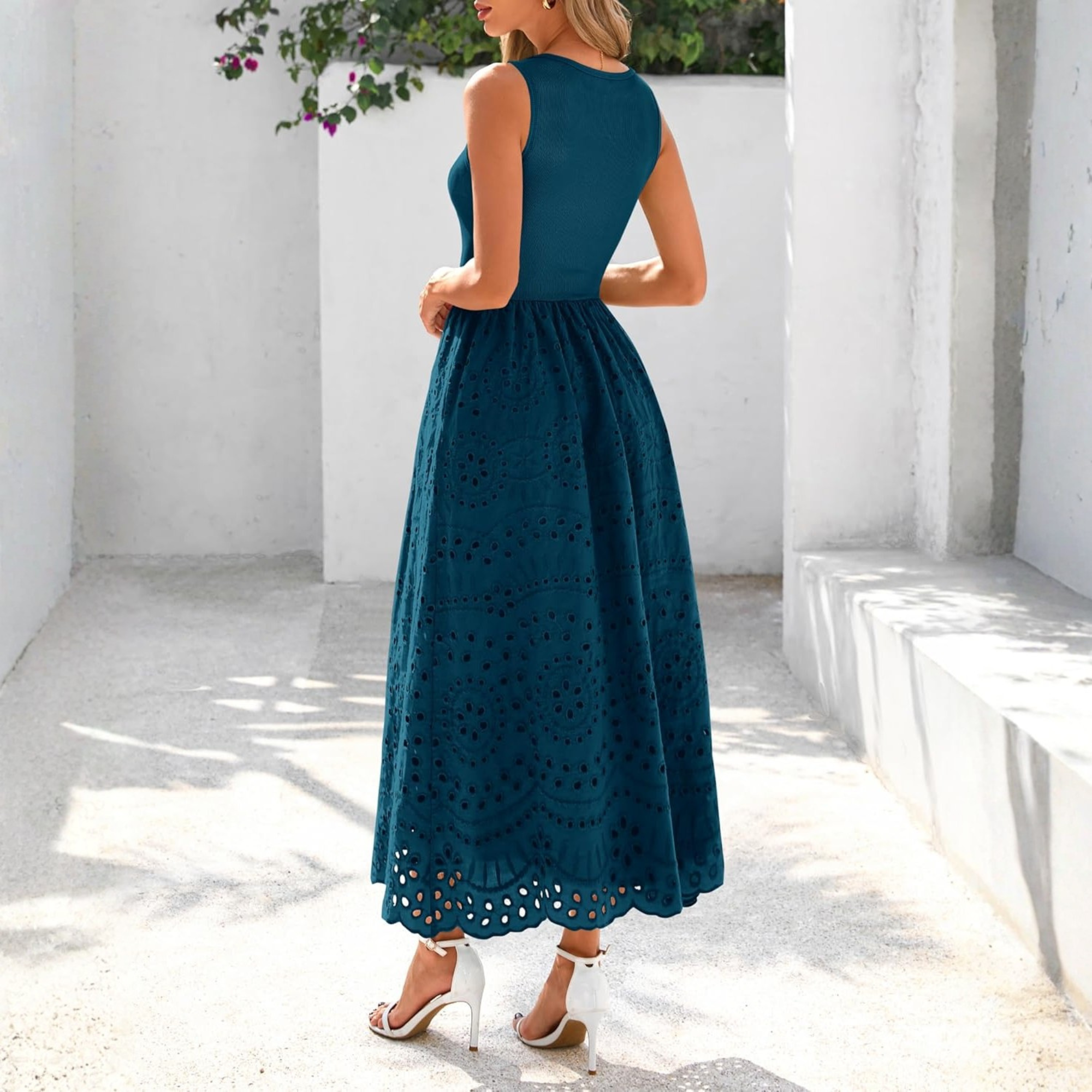 Sleeveless Eyelet Cotton Tank Maxi Dress with Pockets