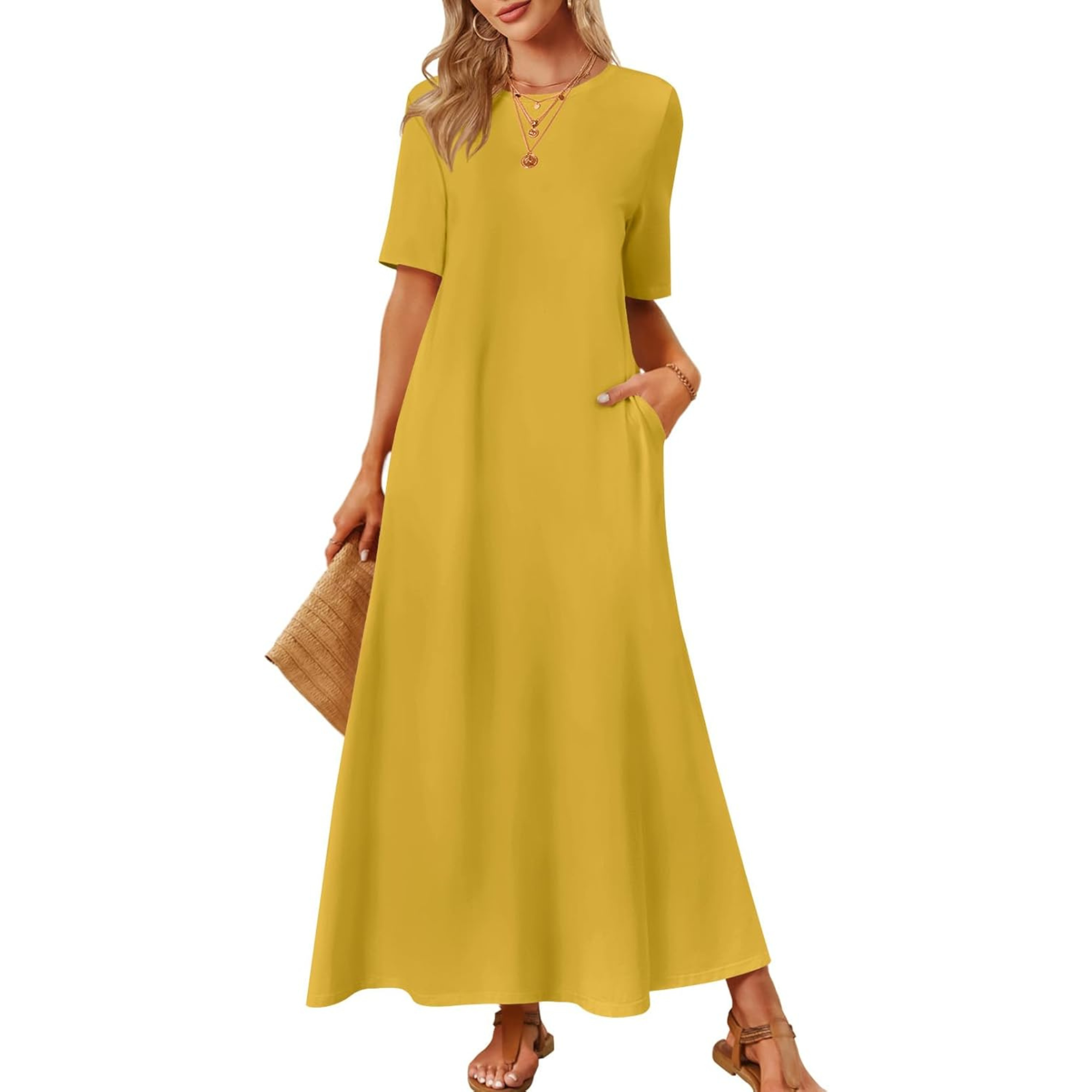 Women Summer Vacation Maxi T Shirt Dress With Pockets