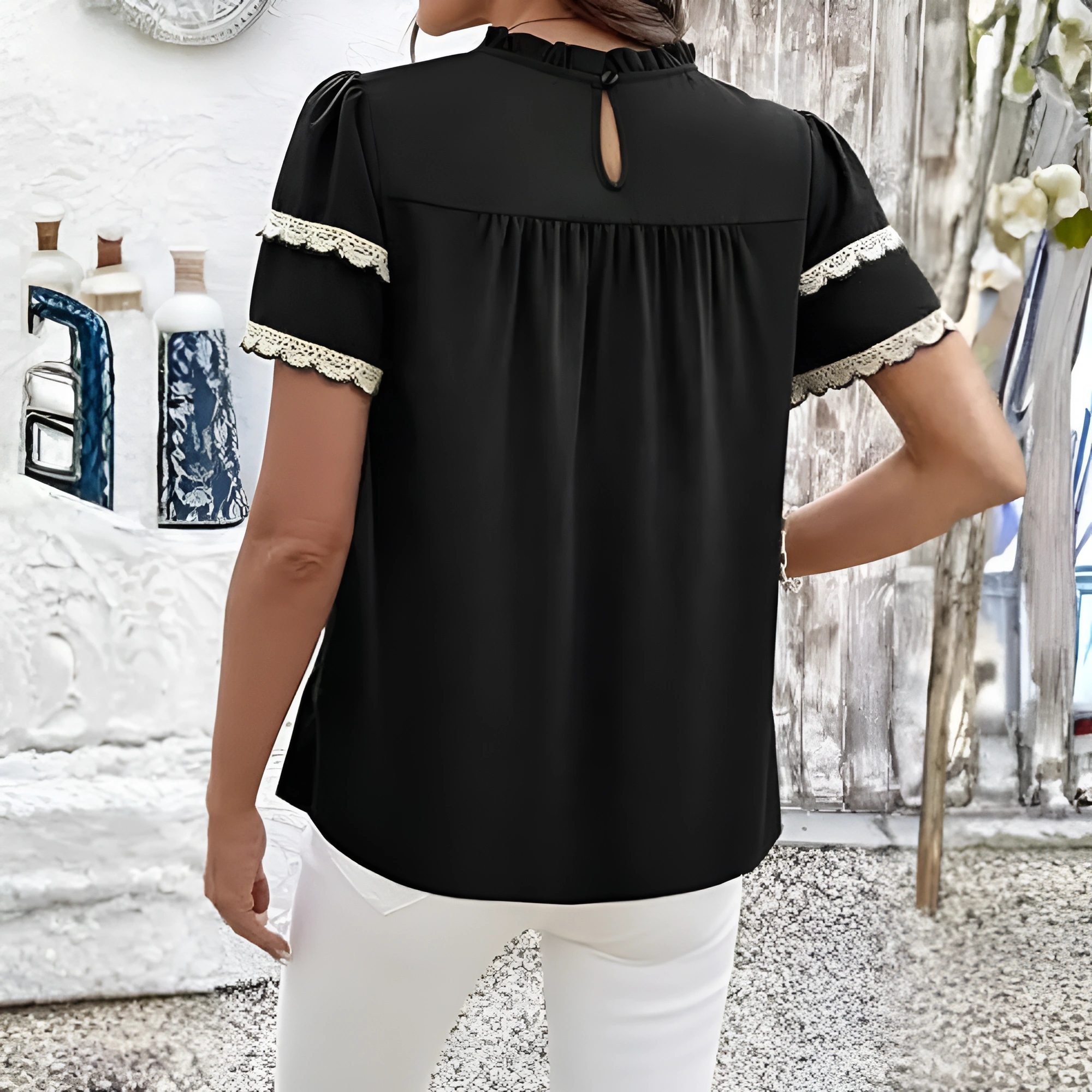 Women Summer Tops Crewneck Ruffle Short Sleeve Casual Pleated Blouses