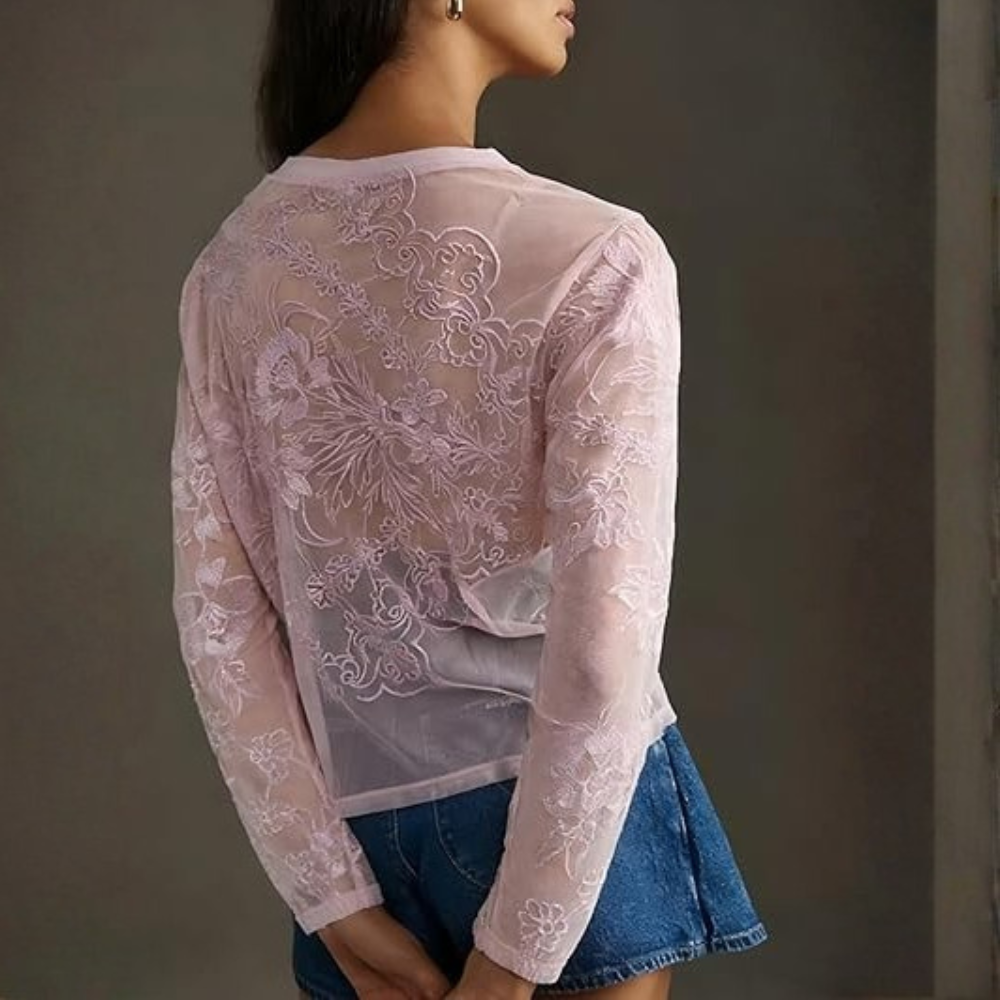 Lace Mesh Floral Printed Sleeve Crew Sheer Shirts For Women