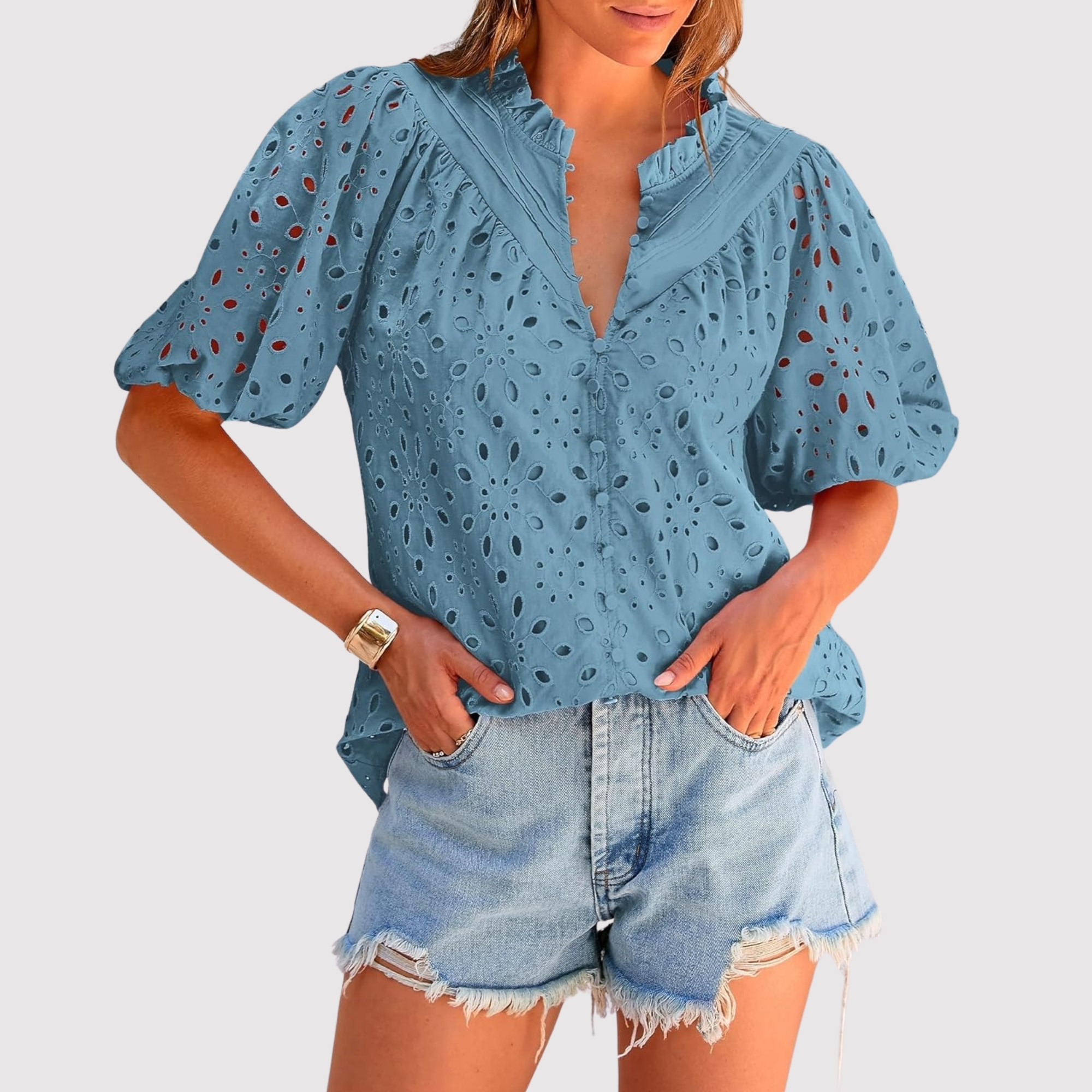 Eyelet Embroidery Sleeve Button Front Style Puff Top 