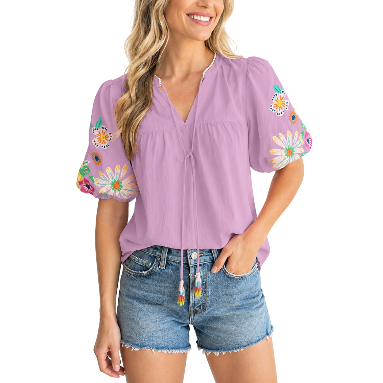 Casual Embroidered Tops V Floral Short Puff Sleeve 