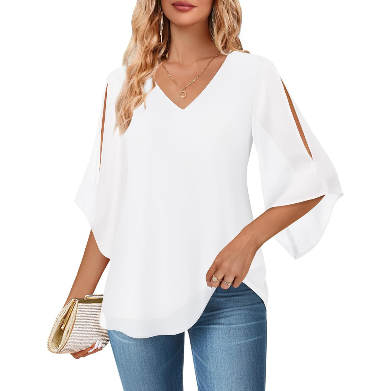 Ruffle Chiffon Sleeve Double Layers Tunic Tops