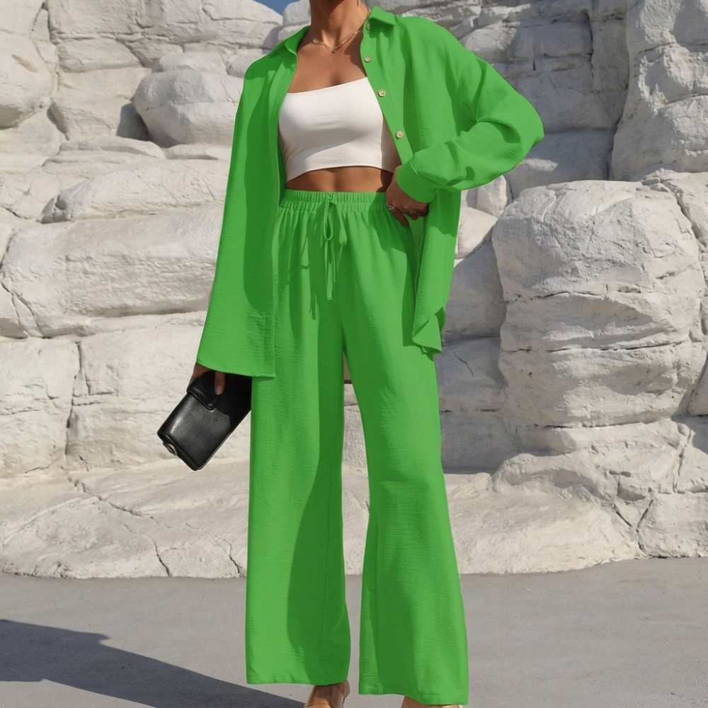 Casual 2 Piece Long Sleeve Shirt And Wide Fit Trouser Set For Women