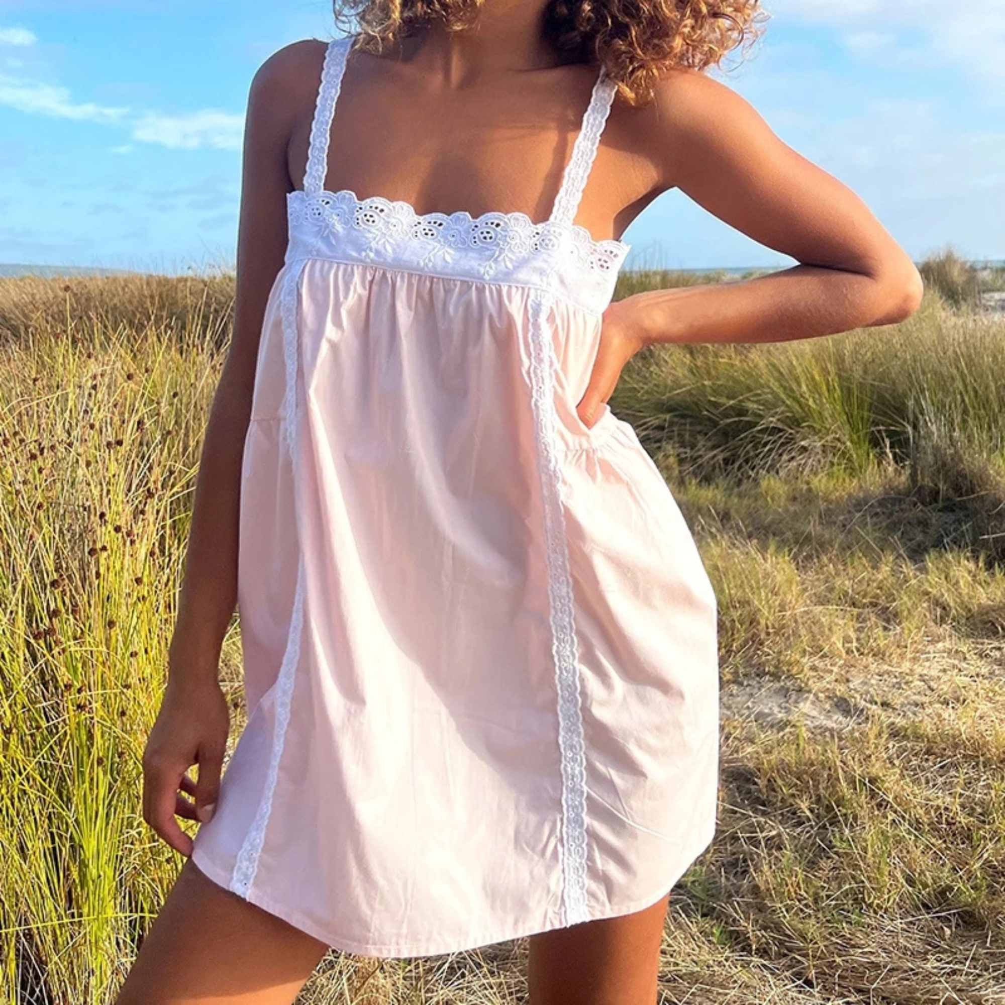 Lace Trim Mini Ruffle Flowy Dress With Spaghetti Strap For Women
