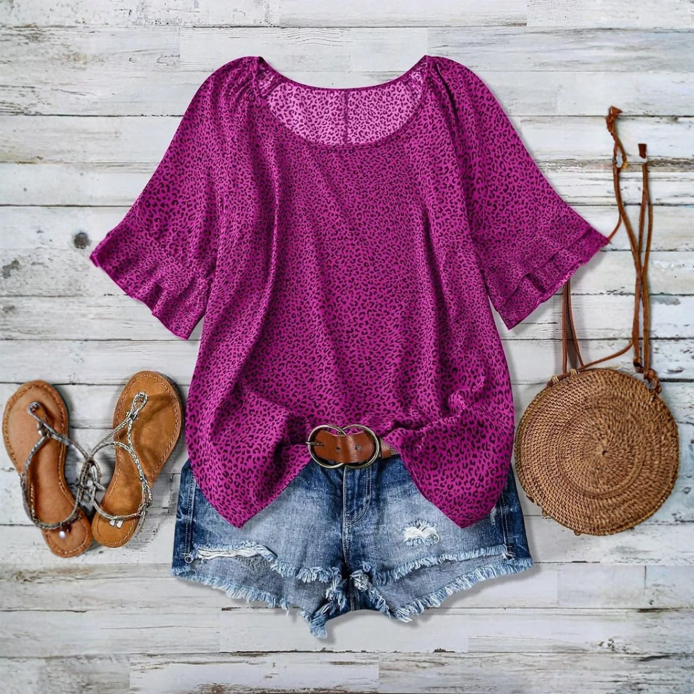All Over Print Ruffle Layered Short Sleeve Woven Blouse Top For Women