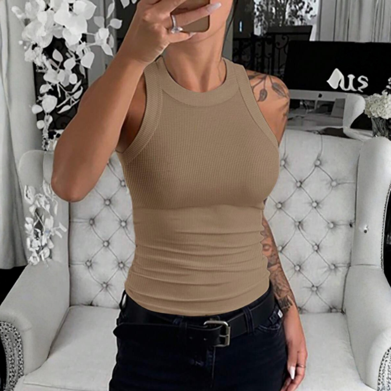 Casual Fitted Sleeveless Ribbed Knit Camisole Top For Women