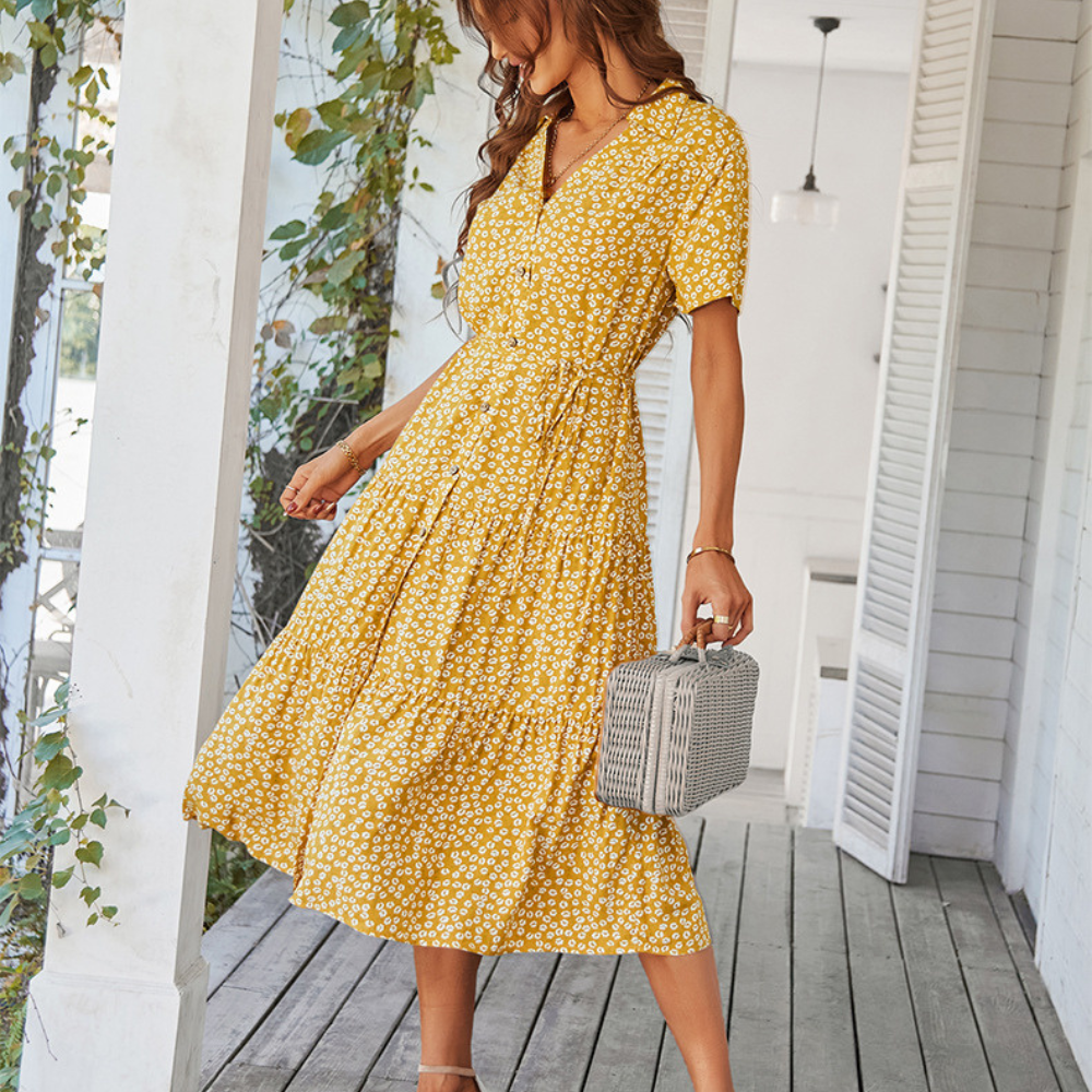 V-Neck Waist Belt Floral Print Maxi Dress-My Comfy Blouse