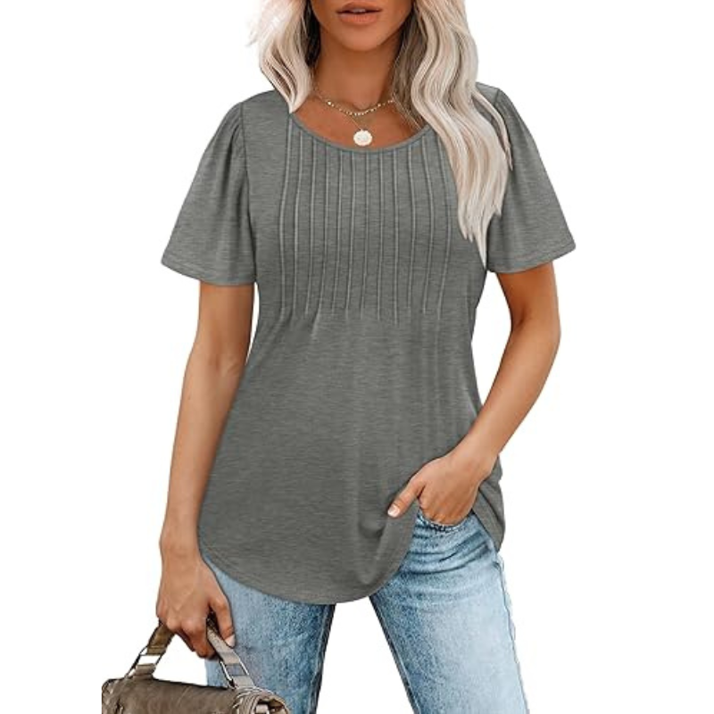 Pleated Casual Top With Scoop Short Sleeve Summer Blouse-My Comfy Blouse