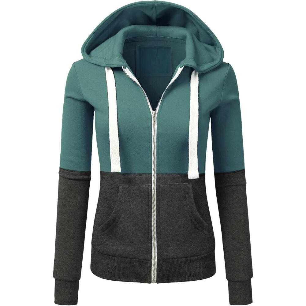 Full Zip Hooded Sweatshirt With Contrast Panel Design-My Comfy Blouse