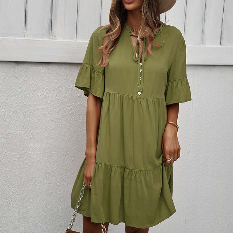 Semi Collar Flared Short Sleeves Midi Drees-My Comfy Blouse