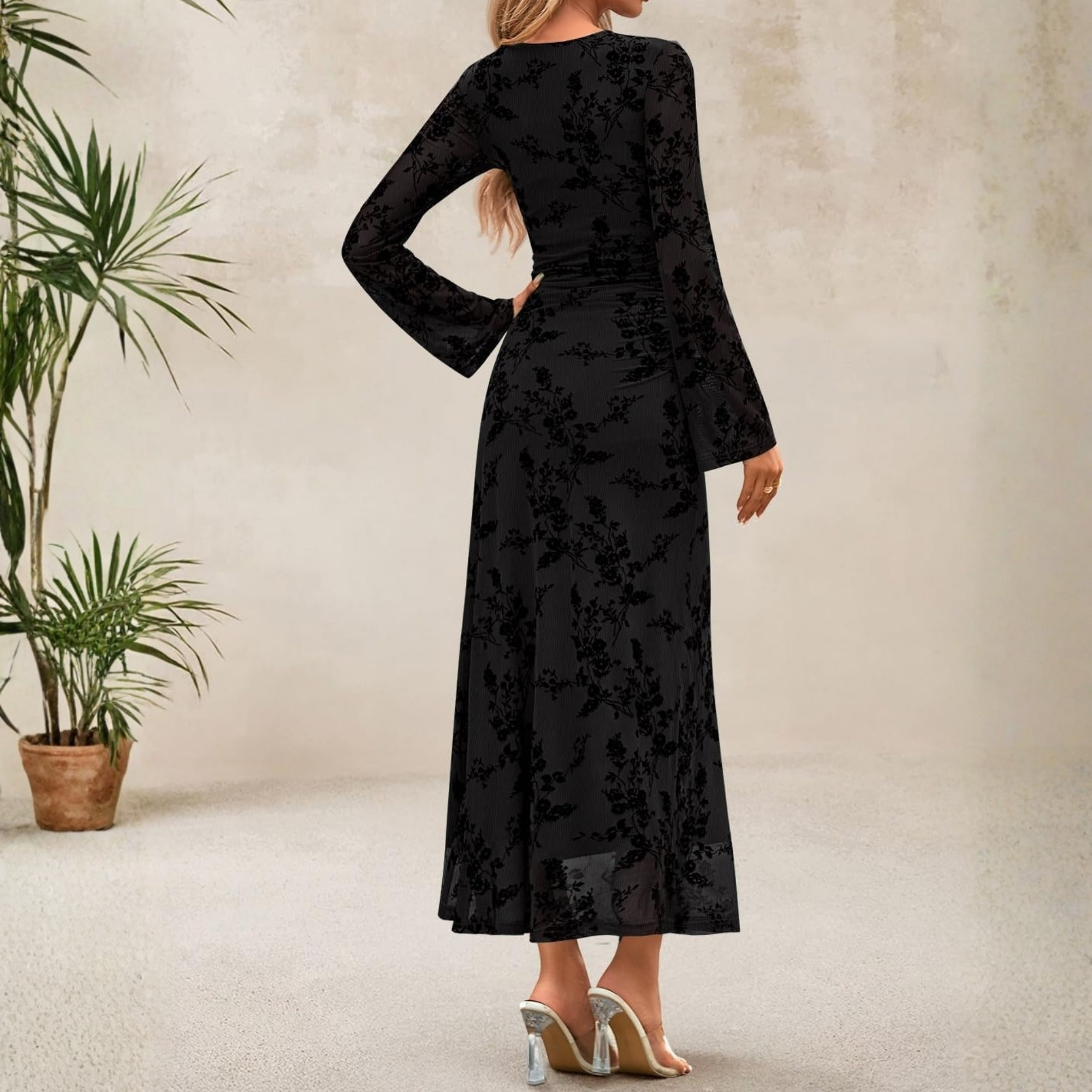 Spring Fall Floral Ruched Mesh Maxi Dress