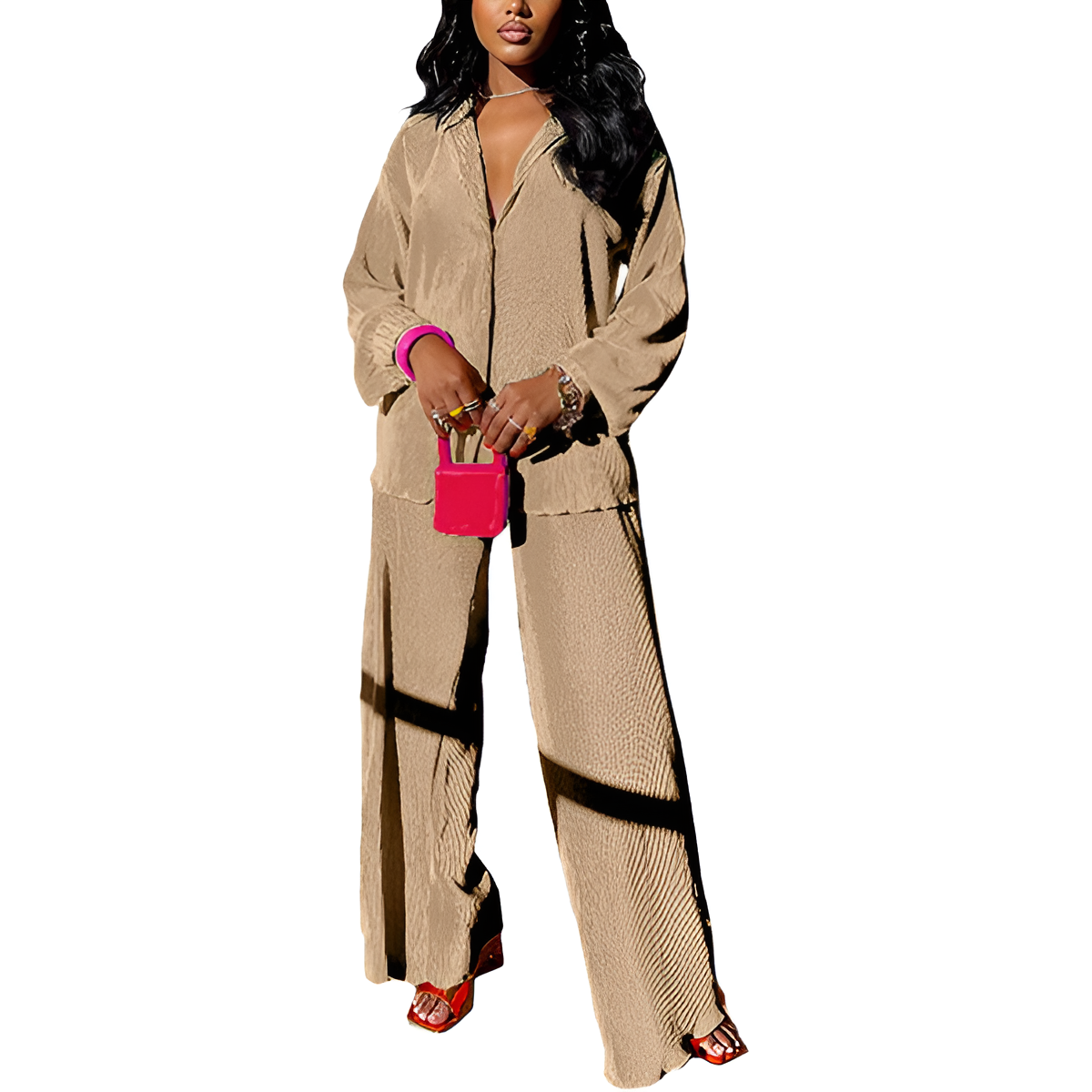 2 Piece Button Down Shirt And Pleated Pants Set For Women