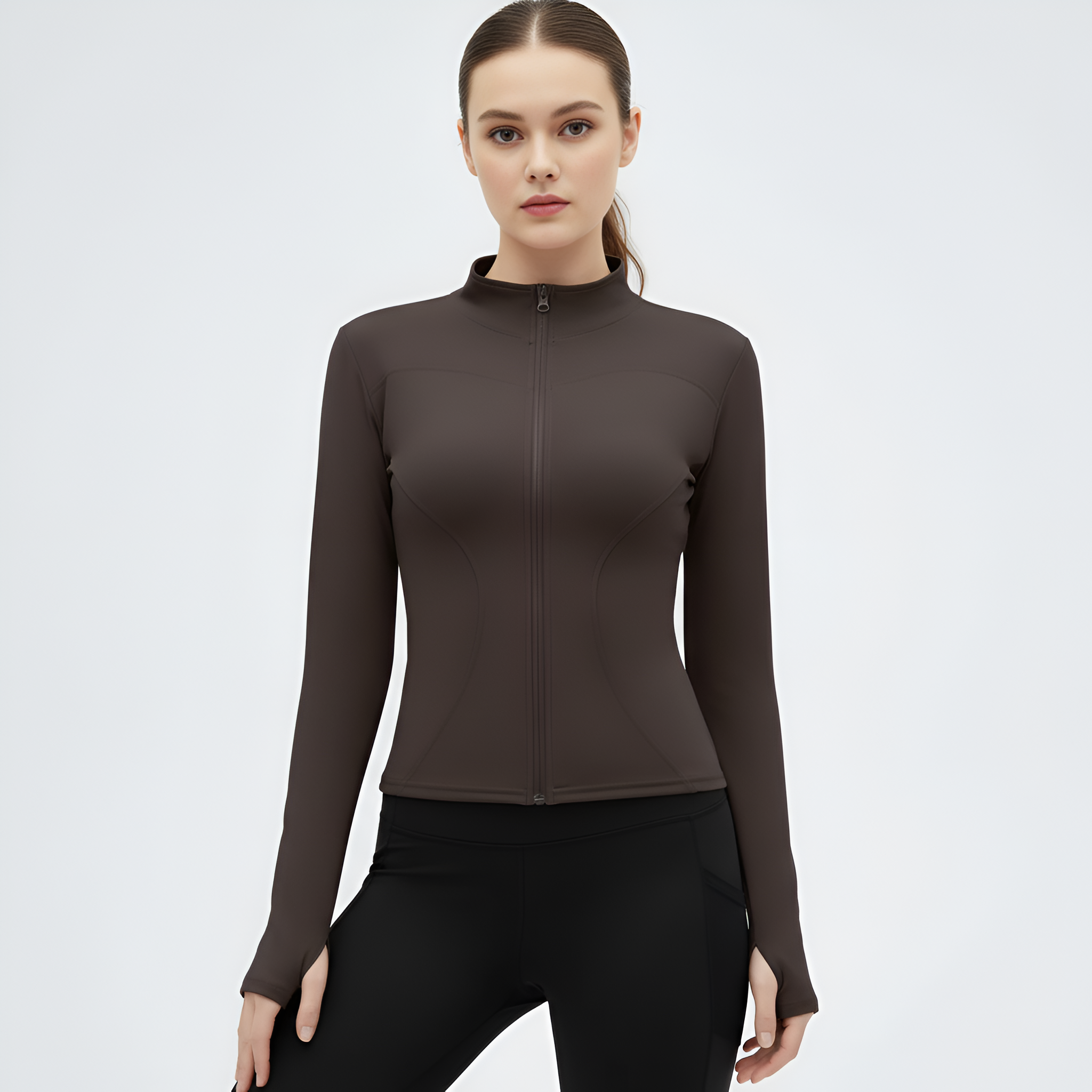 Women Thumb Holes Solid Zip Up Mock Neck Spring Sports Jacket