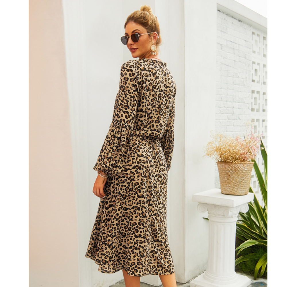 Women’s Midi Leopard Long Sleeves Dress-My Comfy Blouse