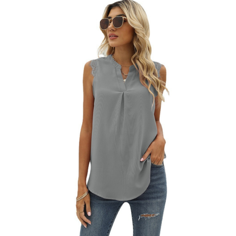 Lace Cap Sleeves V Neck Blouse-My Comfy Blouse