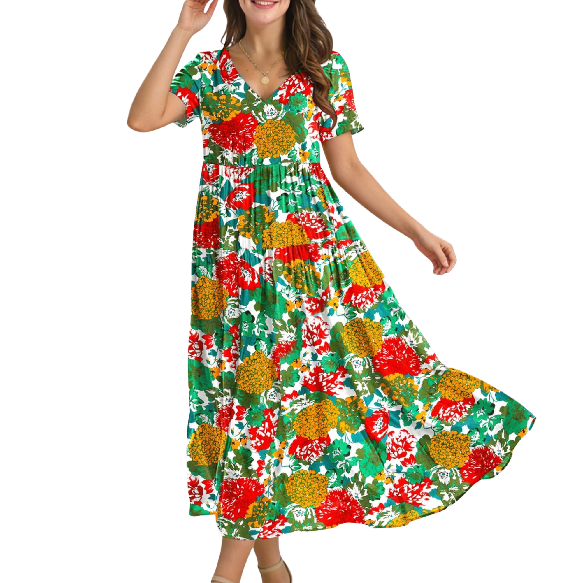 Floral V Neck Boho Maxi Swing Dress with Pockets