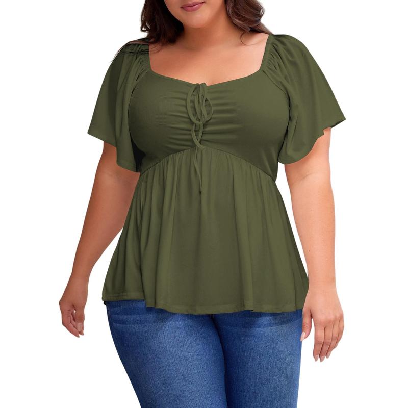 Plus Size Short Sleeves Shirred Peplum Blouse Top For Women