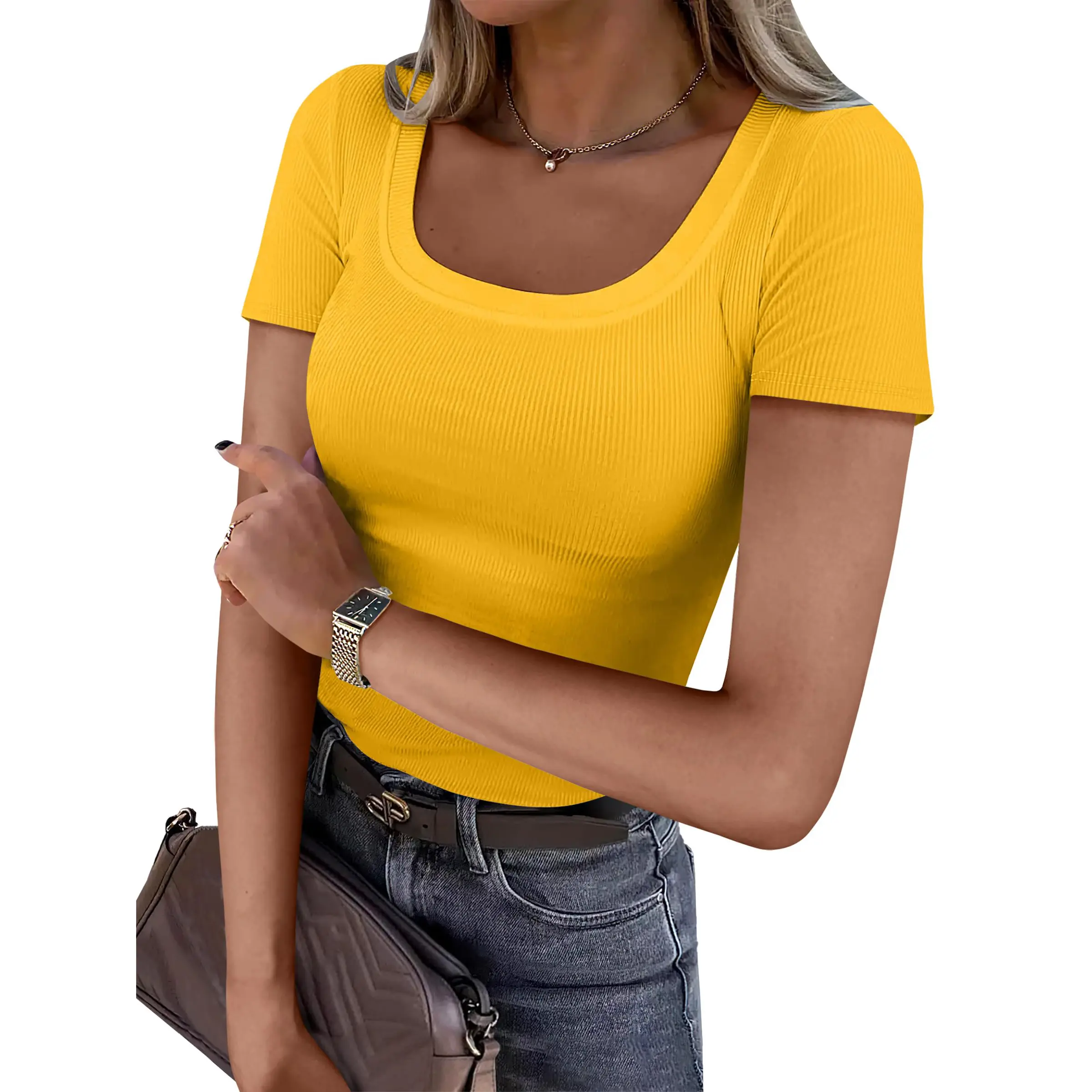 Short Sleeve Summer Trendy Casual Ribbed Knit Slim Fitted Basic  Minimalist Blouse Top