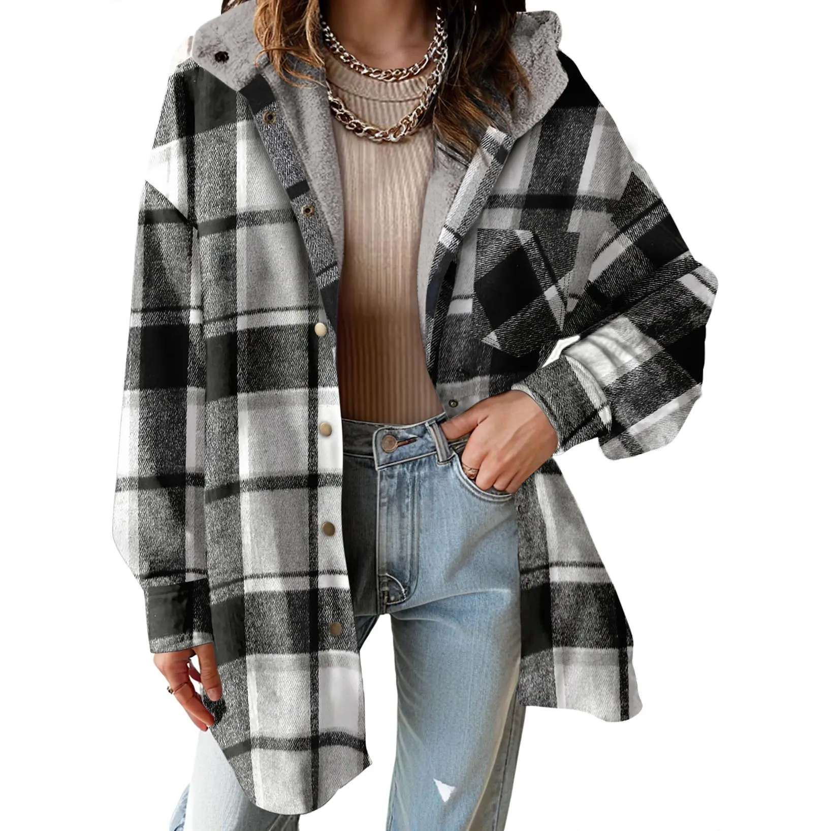 Casual Button Down Plaid Fleece Jacket With Hood For Women