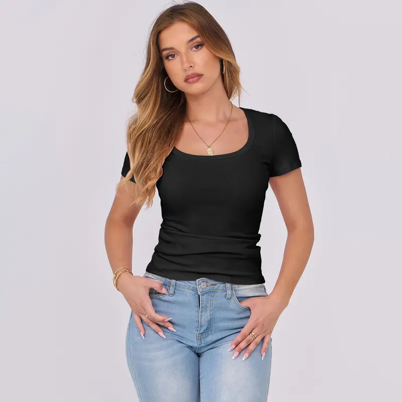 Short Sleeve Summer Trendy Casual Ribbed Knit Slim Fitted Basic  Minimalist Blouse Top
