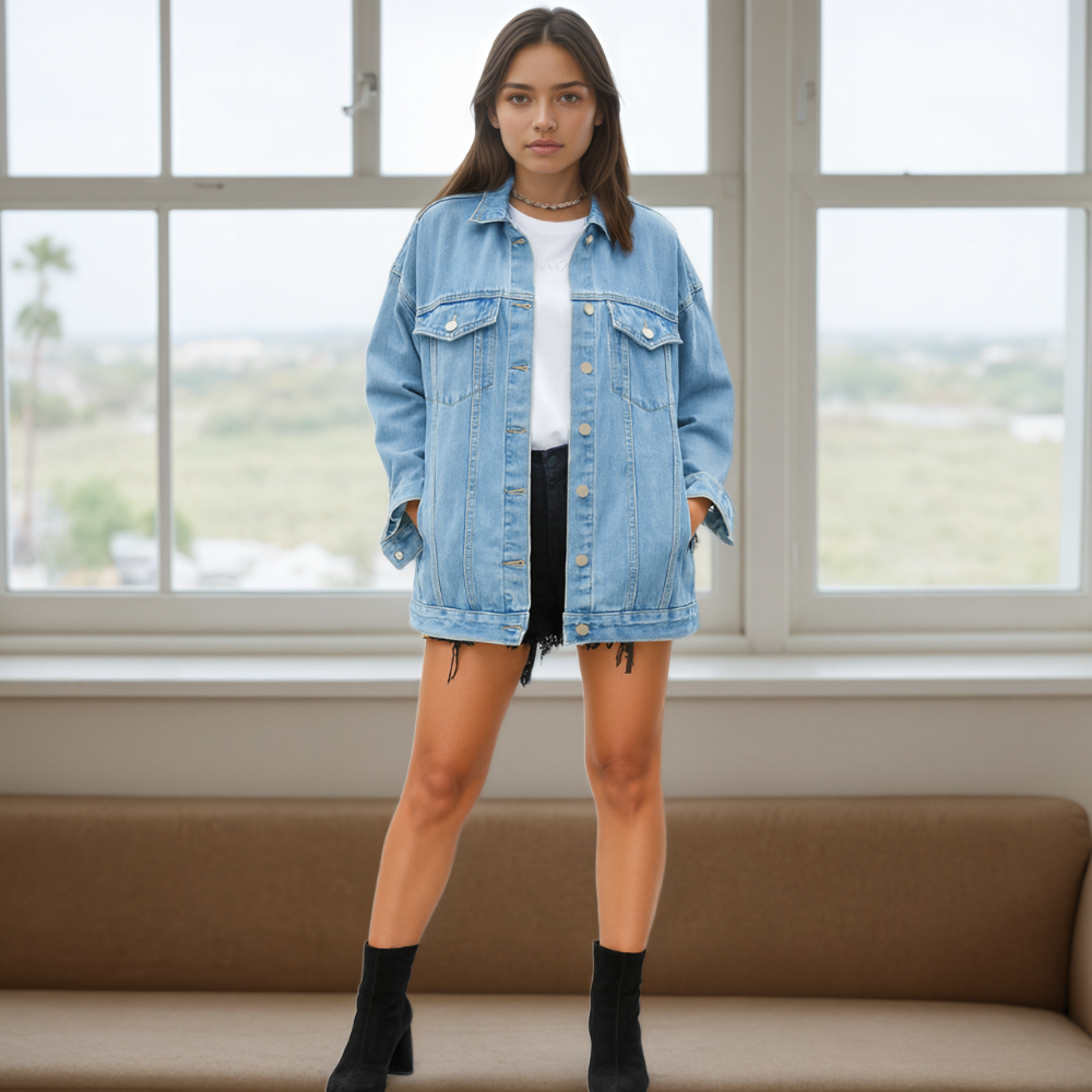 Women’s Oversized Mid Long Denim Jacket Casual Jean Biker Coat