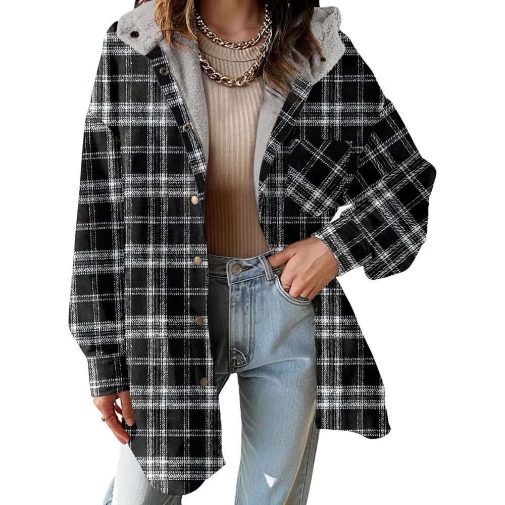 Casual Button Down Plaid Fleece Jacket With Hood For Women