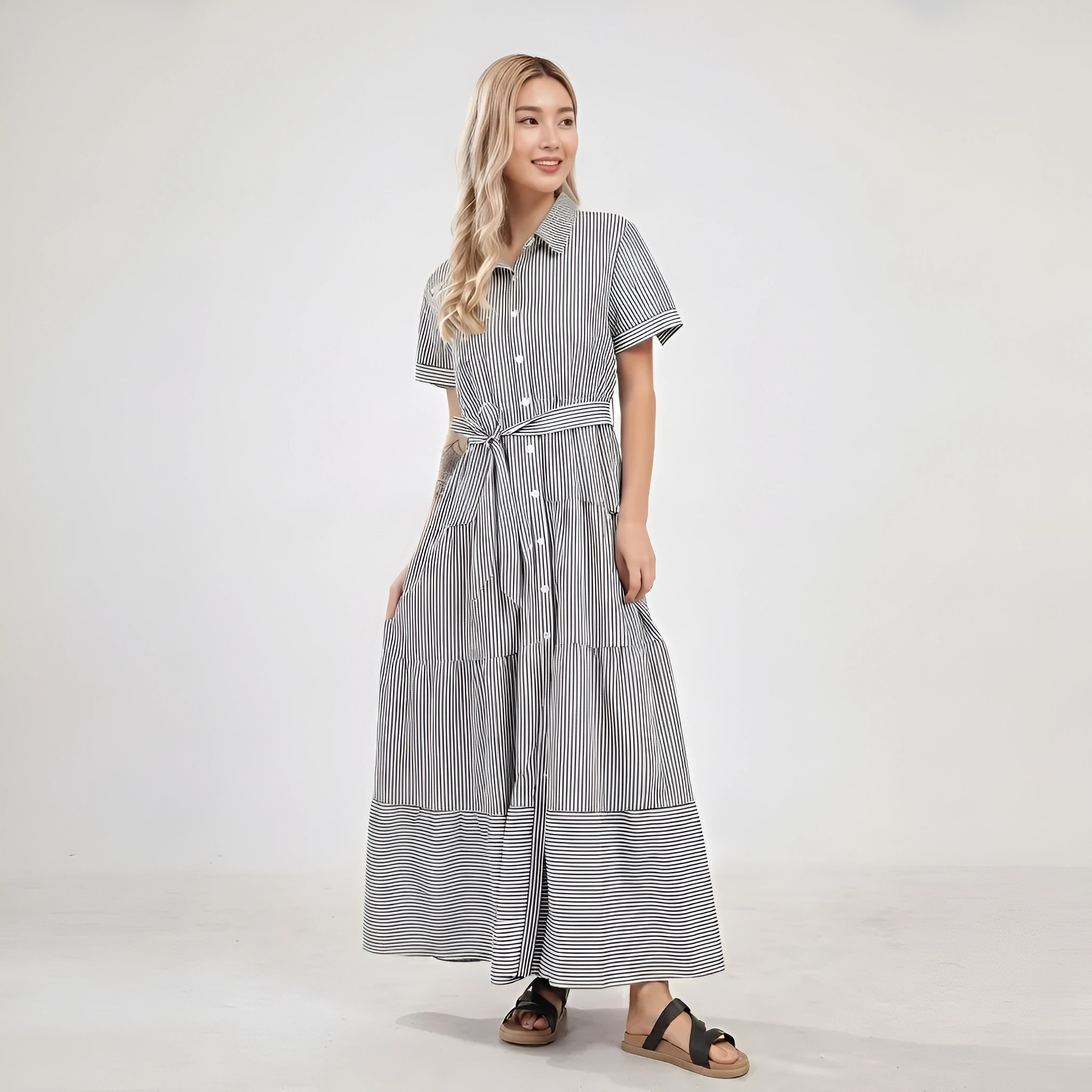 Casual Striped Short Sleeve Ruffled Button Tie Maxi For Women