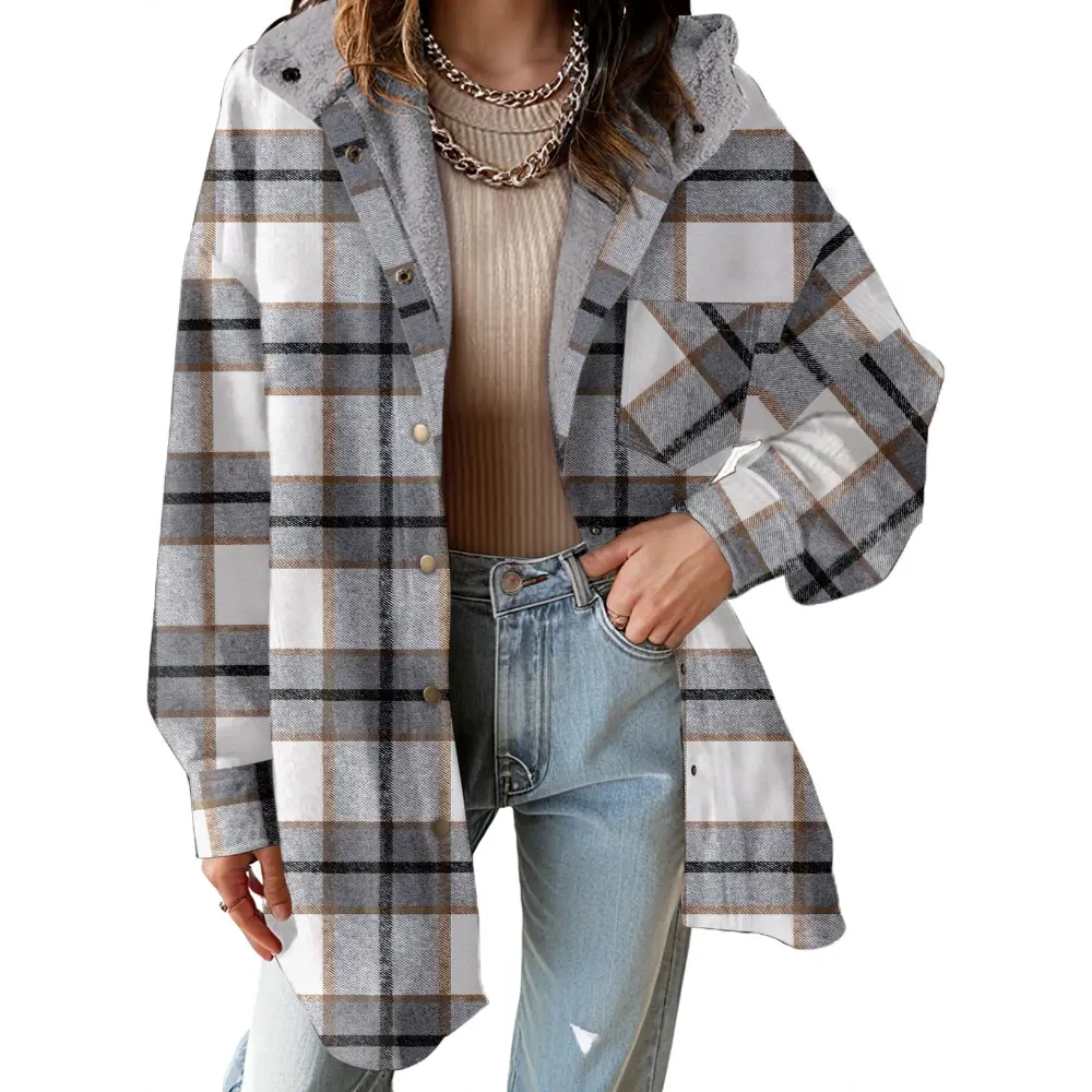 Casual Button Down Plaid Fleece Jacket With Hood For Women