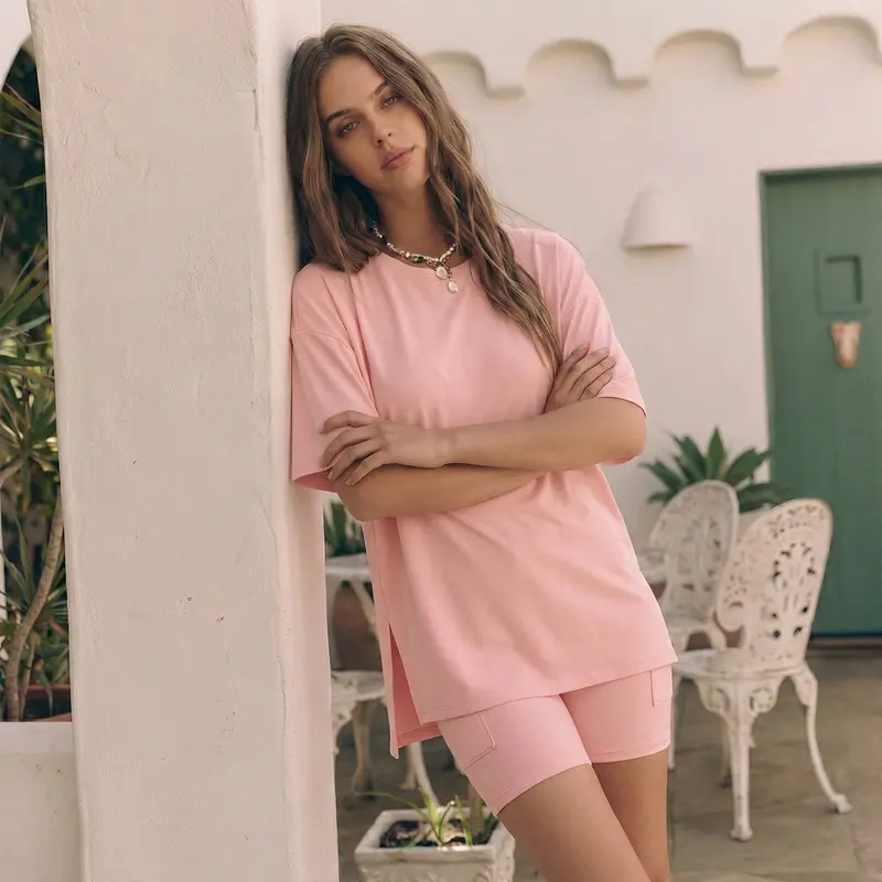 2 Pieces Oversized Shirt And Biker Shorts Set For Women