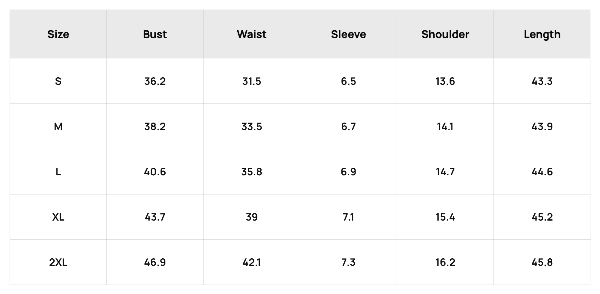 Size Chart Top