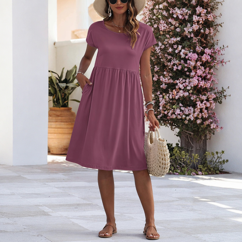 Cap Sleeve A Line Dress with Pockets for Women