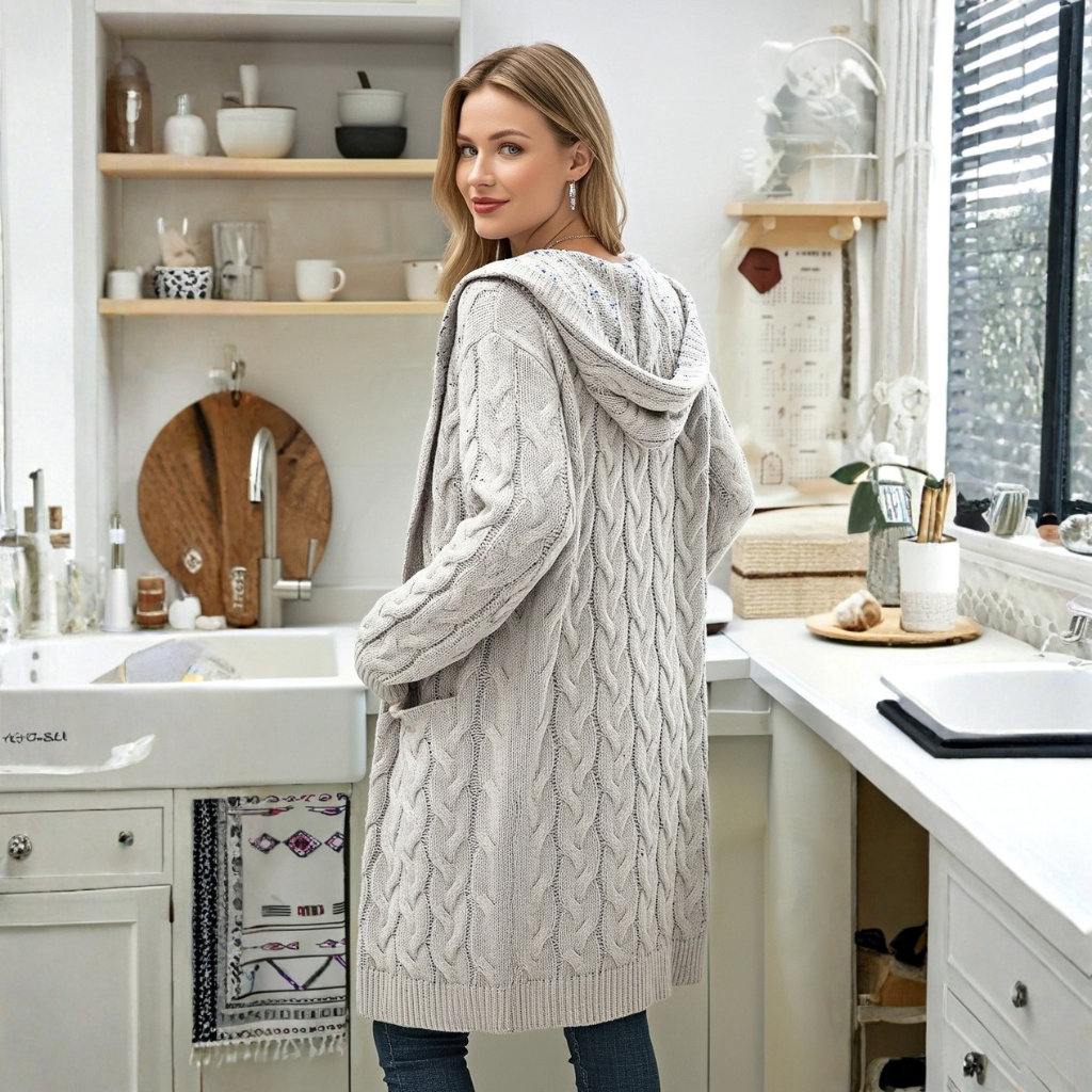 Long Knit Cardigan With Open Front And Pocket Design For Women