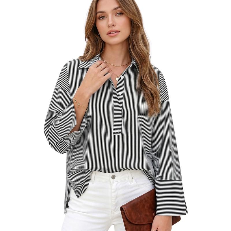 Striped Oversized Collared Button Down Casual Top for Women
